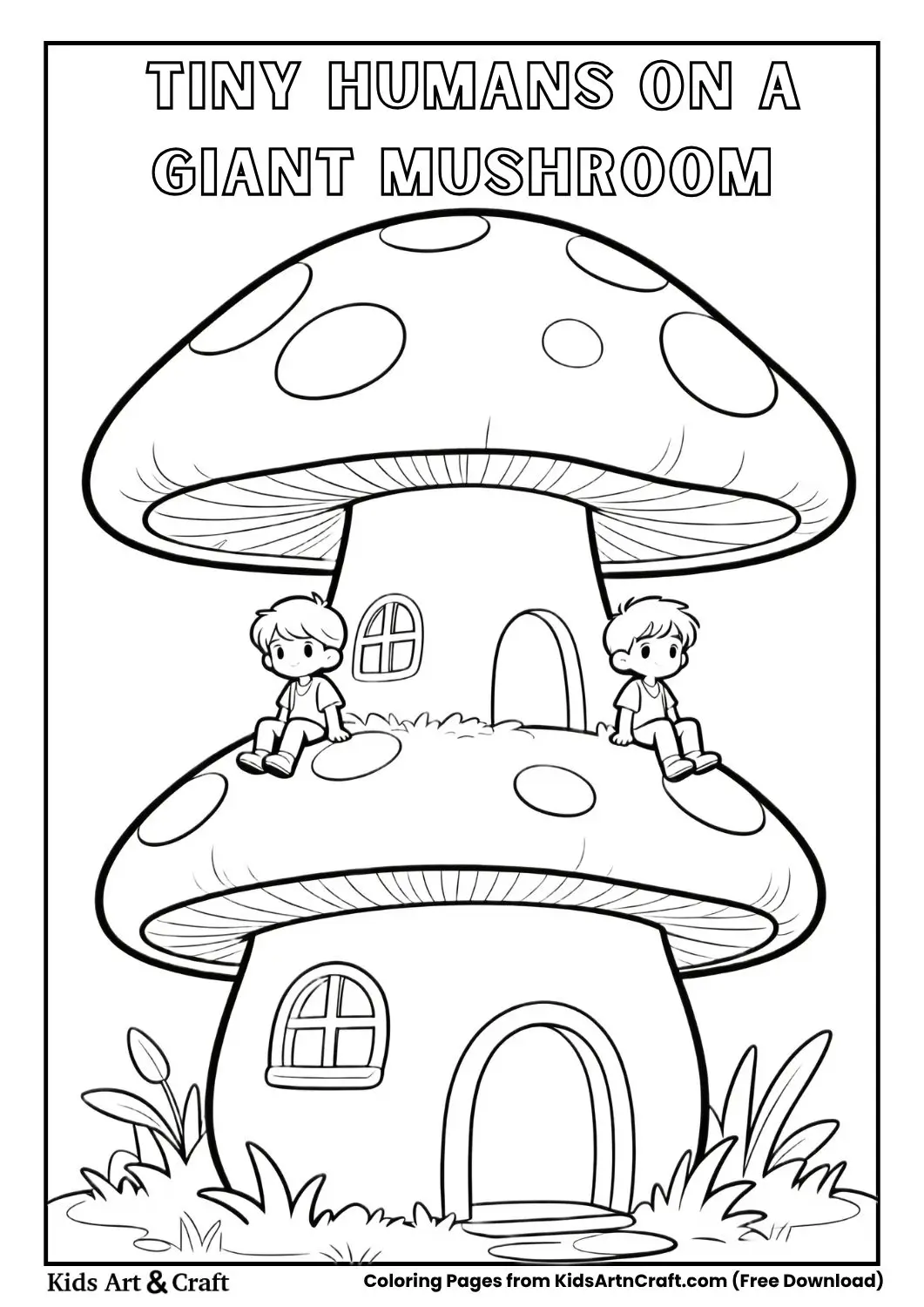 Tiny humans sitting on a giant mushroom coloring page for kids