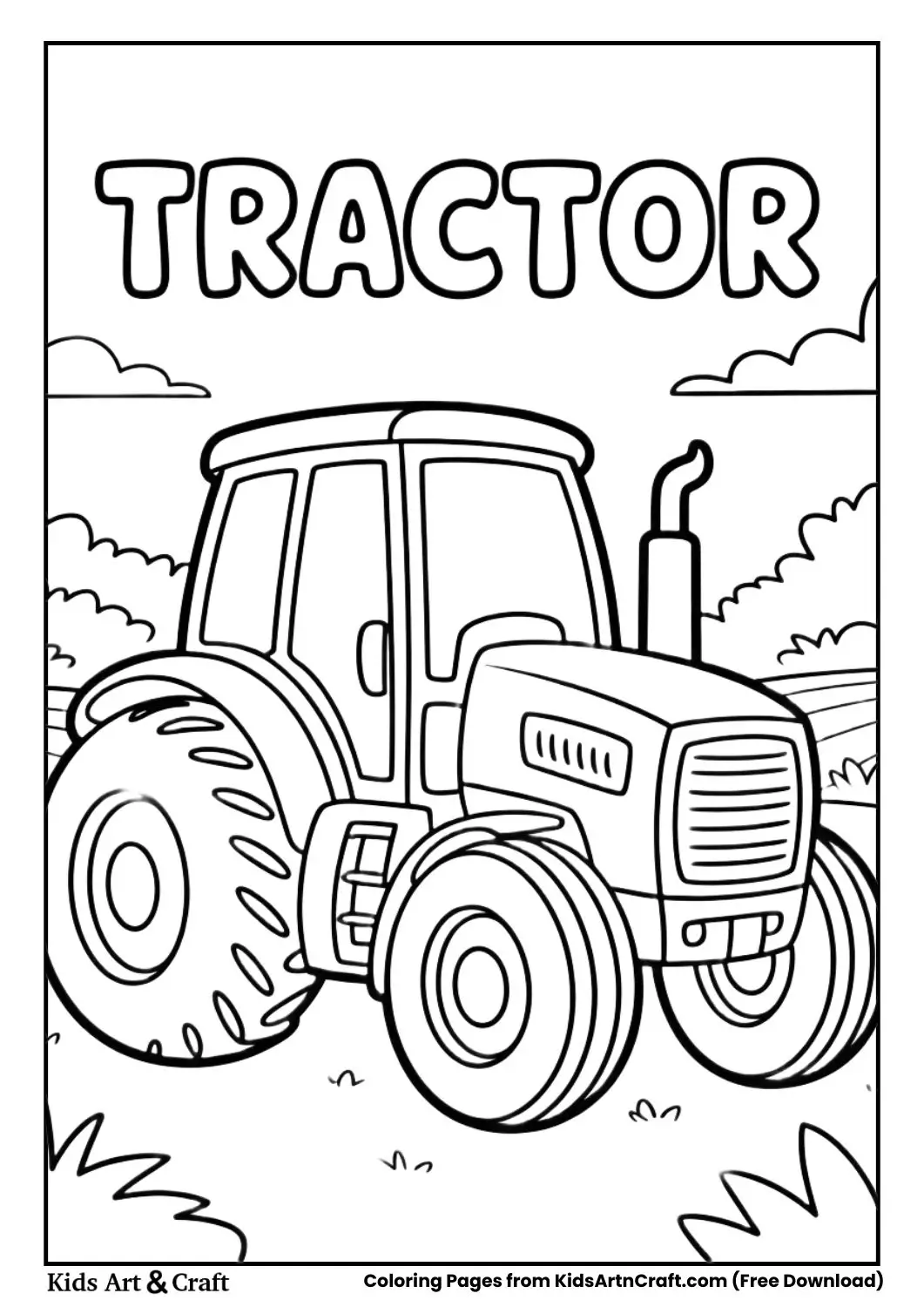 cartoon tractor black and white coloring page for kids