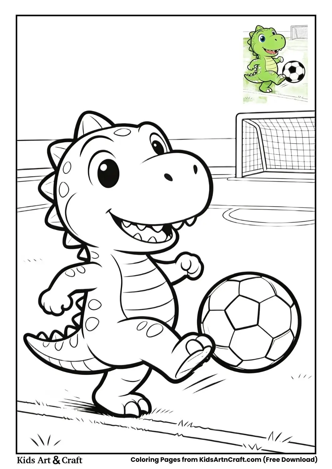 Black and white T-Rex kicking a soccer ball with simple field lines