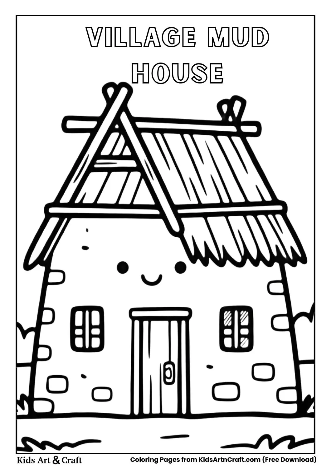 simple village mud house with smiling face black and white coloring page for kids