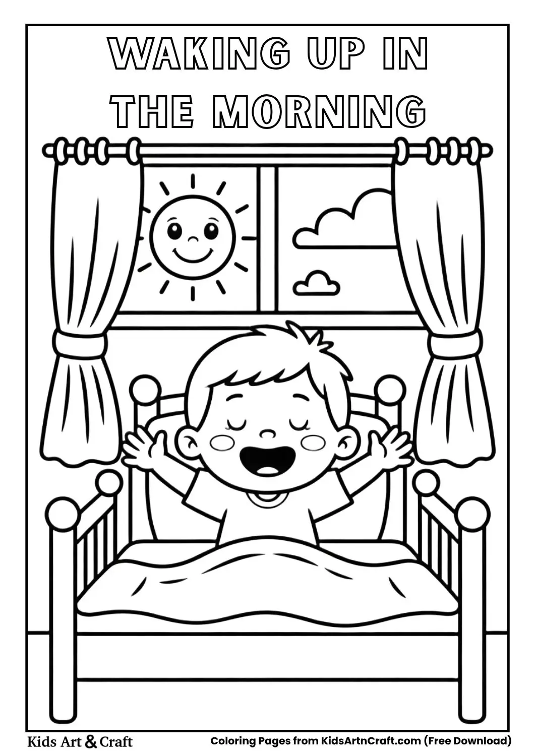 kid waking up in bed simple daily routine coloring page for children
