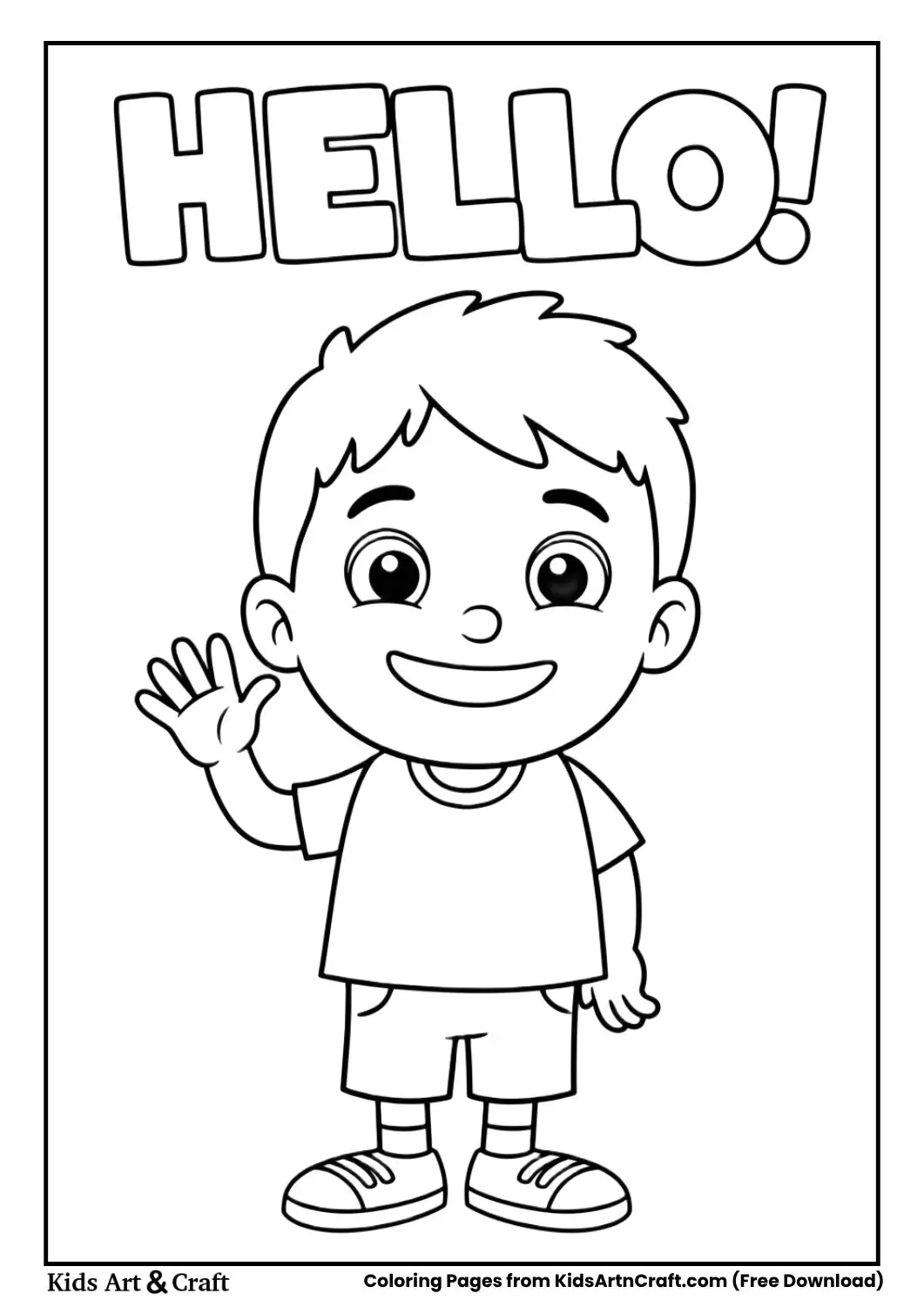 Child waving hello gesture coloring page for kids