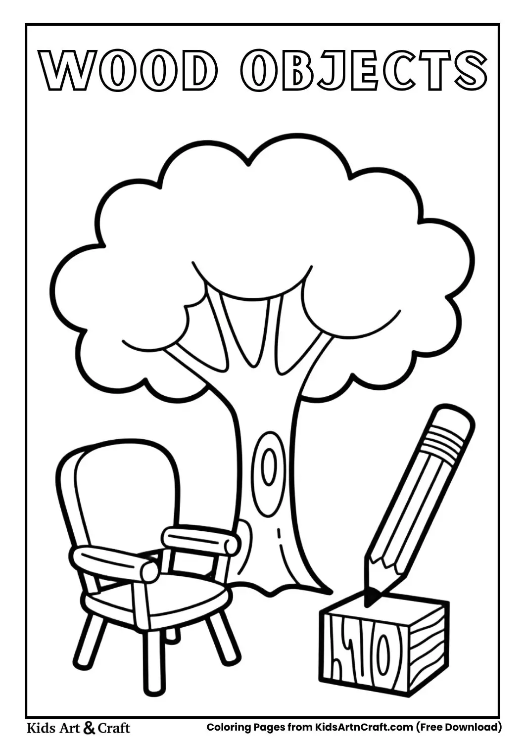 Black-and-white kids coloring page featuring a tree, chair, pencil, and wooden block.