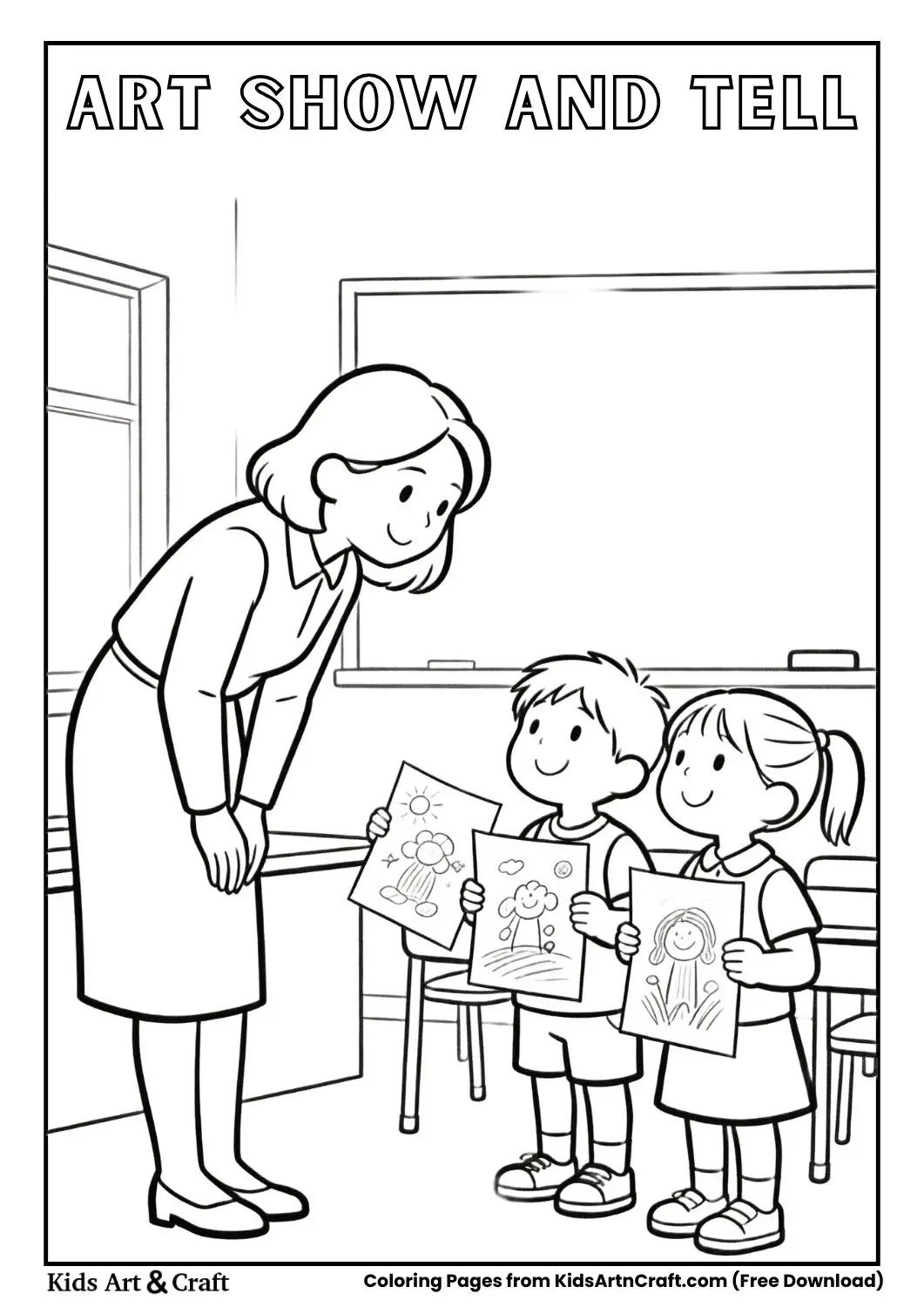 Children showing drawings to teacher in classroom coloring page