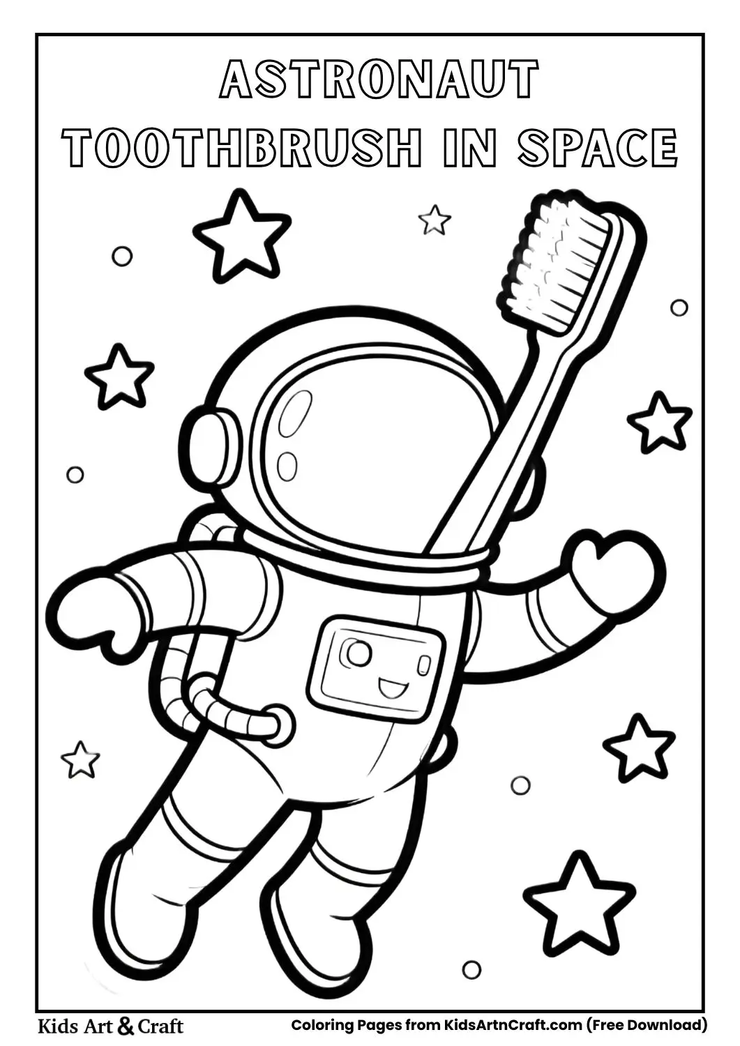 Toothbrush astronaut floating with stars coloring page