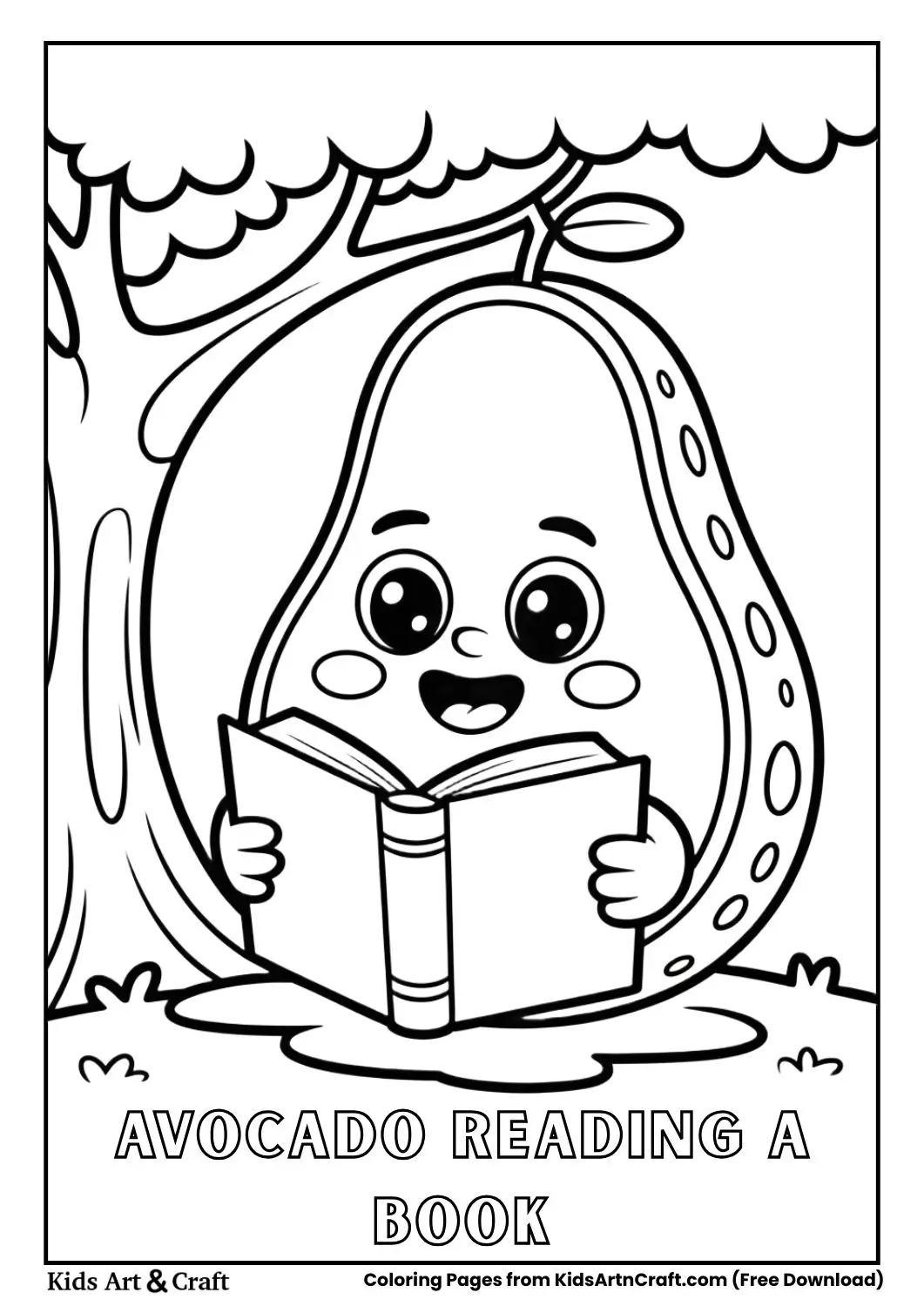 Cute avocado reading book under tree coloring page