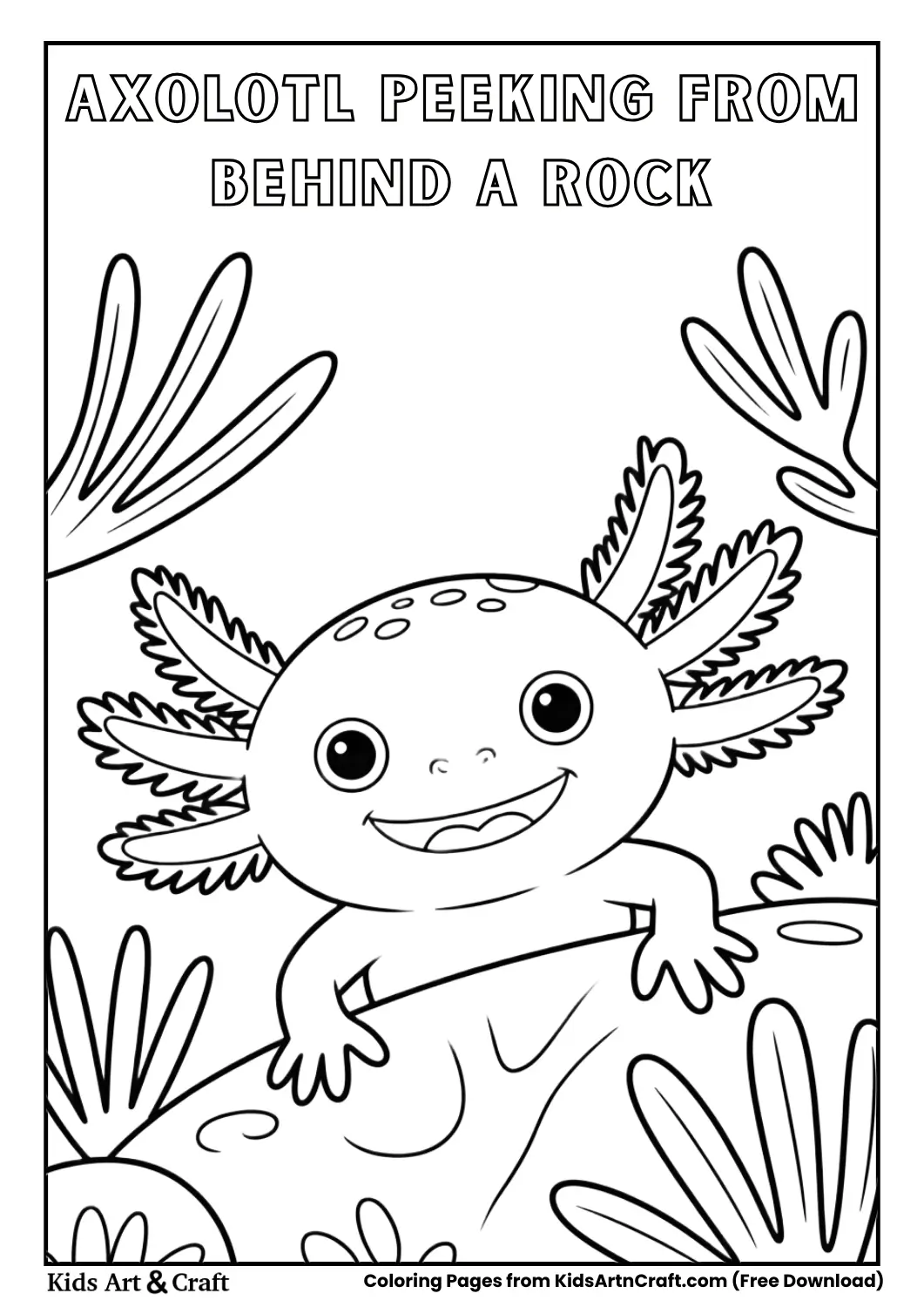 Cute axolotl peeking from behind a rock underwater coloring page