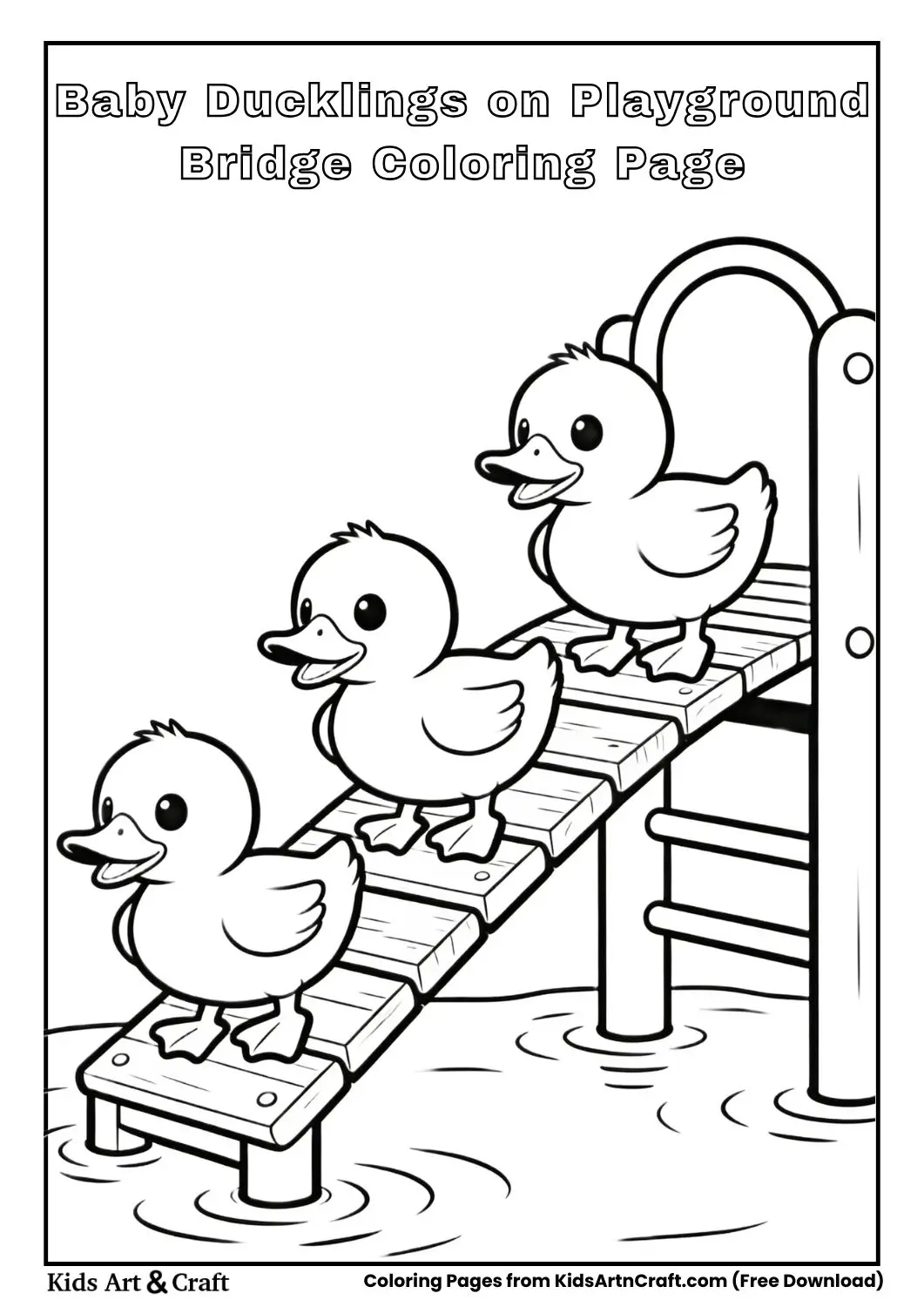 Baby ducklings walking across simple playground bridge coloring page