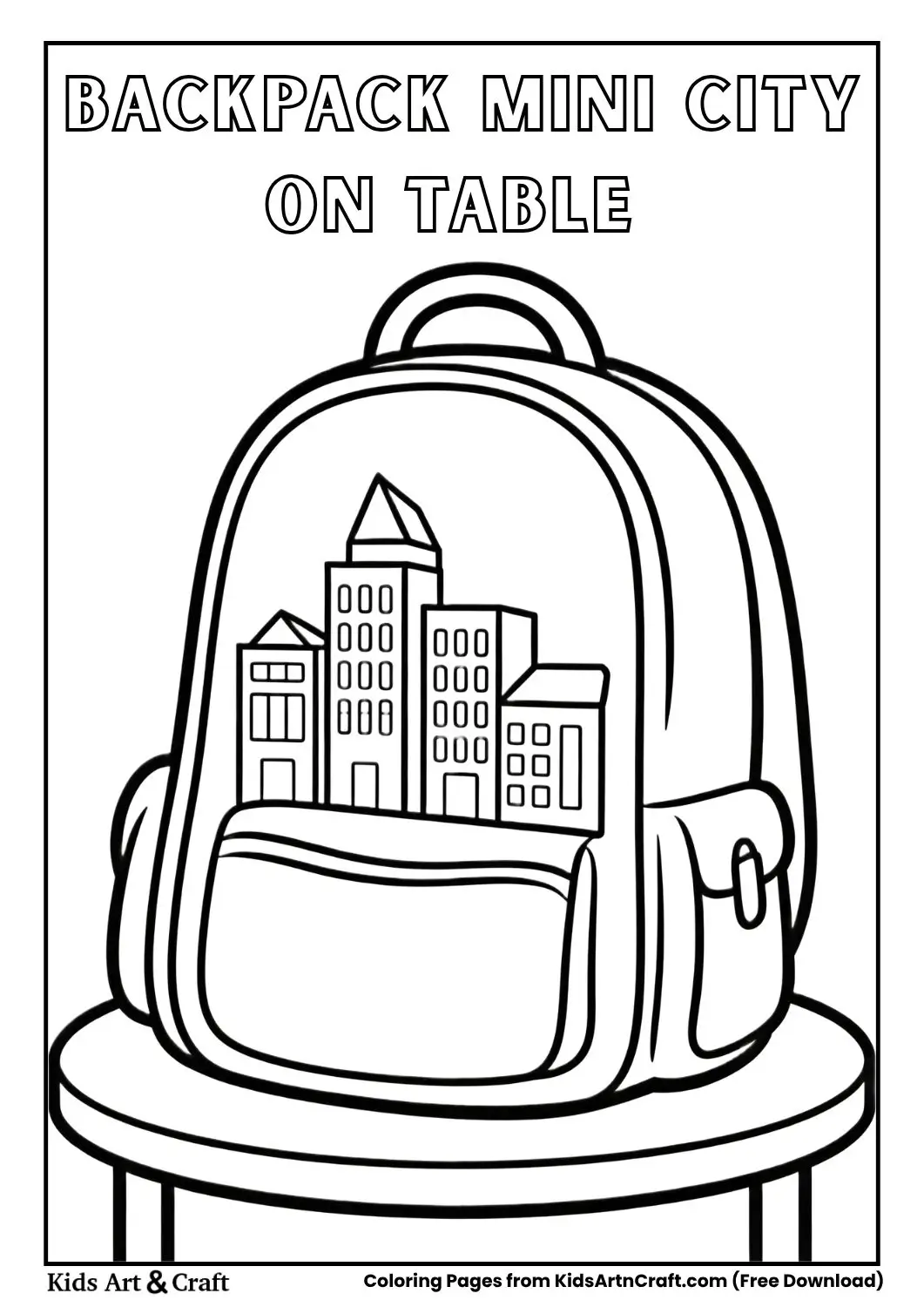 backpack on table with mini city inside coloring page