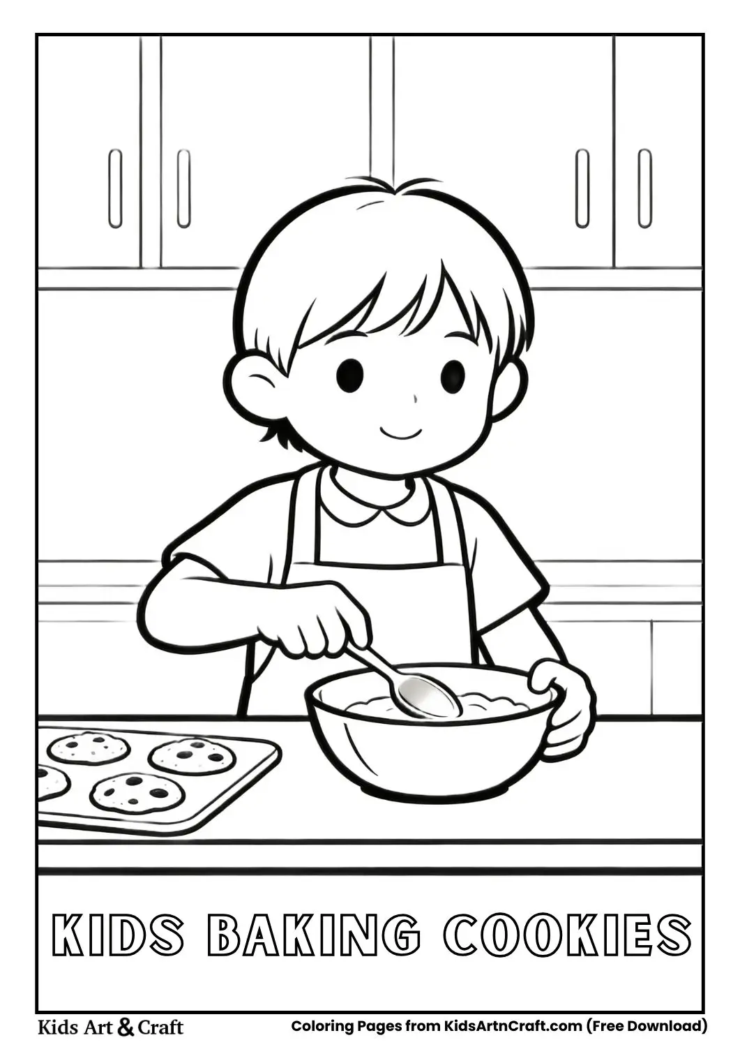 Black and white coloring page of a child mixing cookie dough