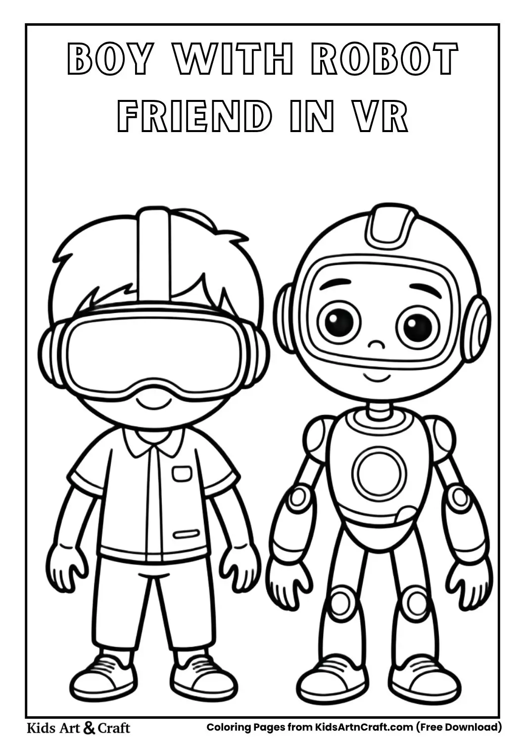 boy wearing VR headset imagining robot friend cartoon coloring page black and white