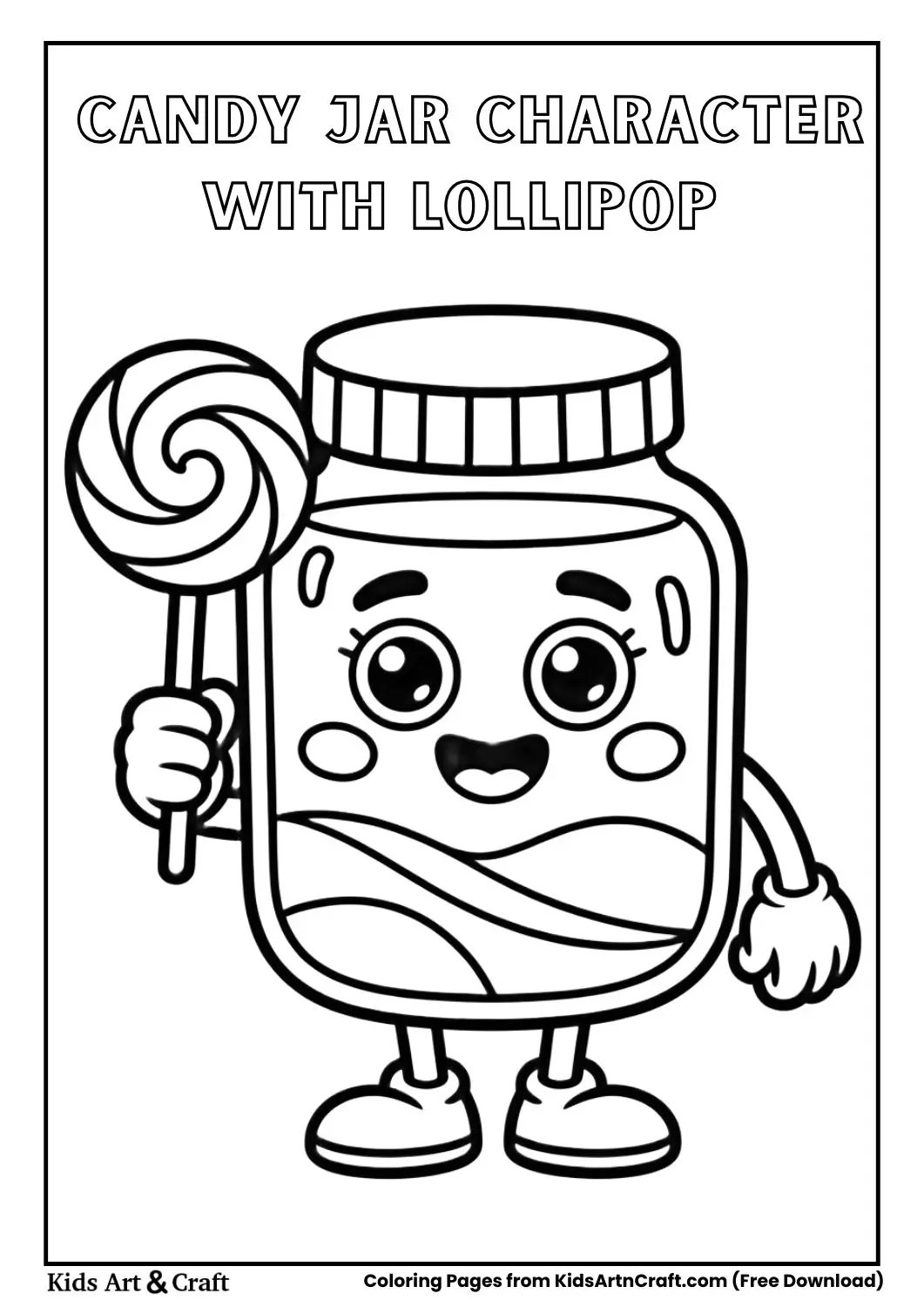 cute candy jar character holding lollipop coloring page