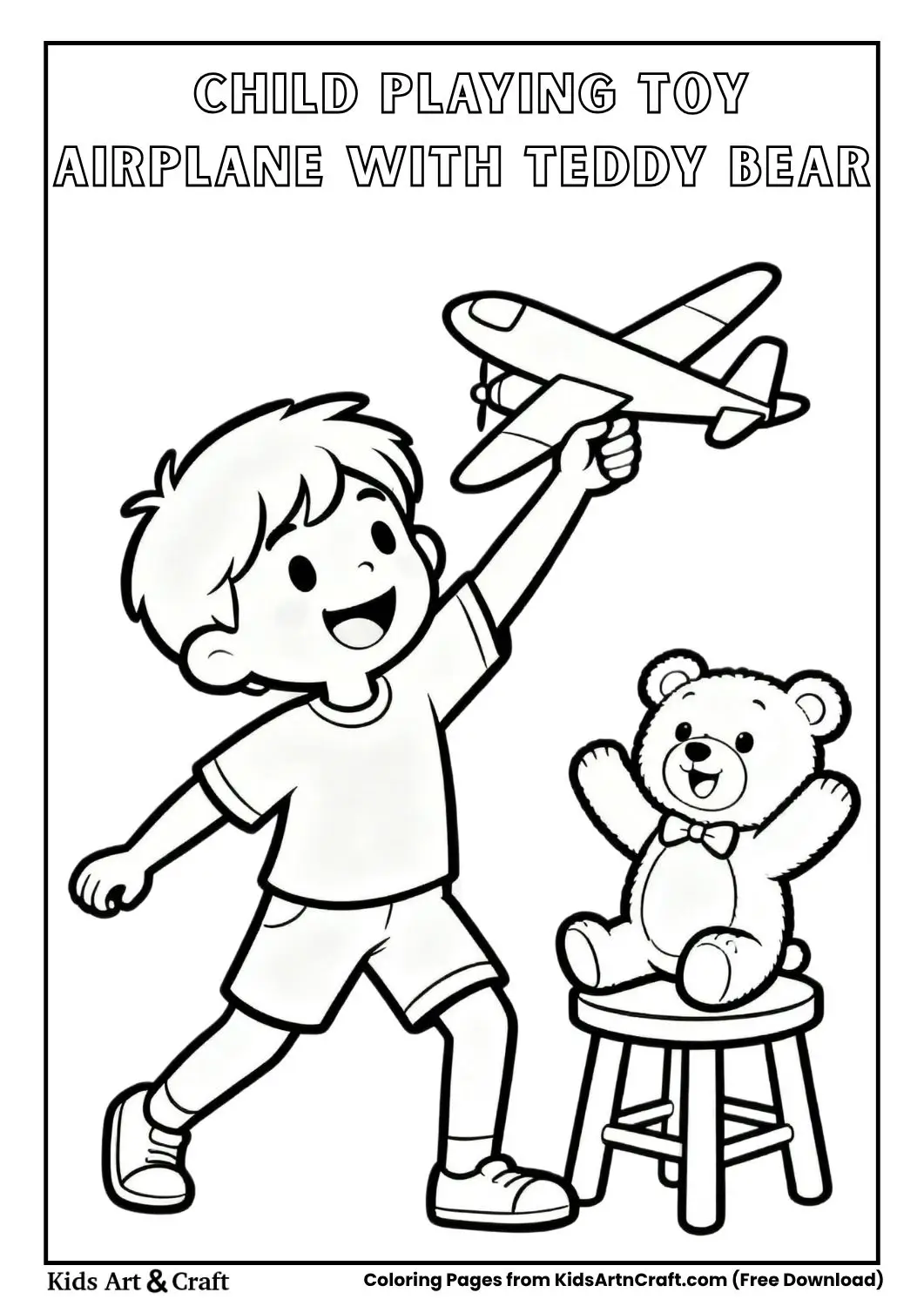 Child playing toy airplane while teddy bear cheers coloring page black and white