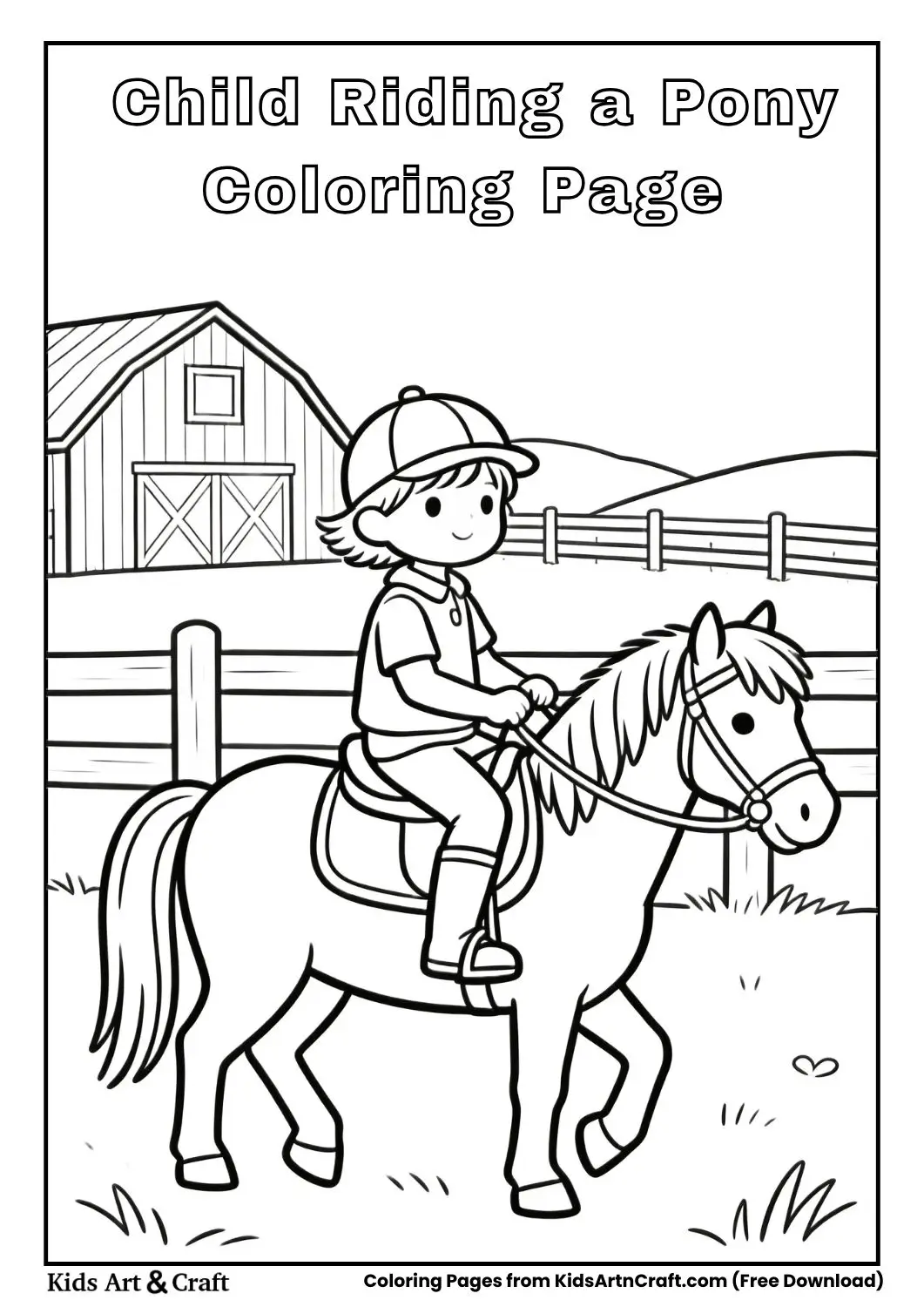 Black and white coloring page of a child riding a pony near a barn.