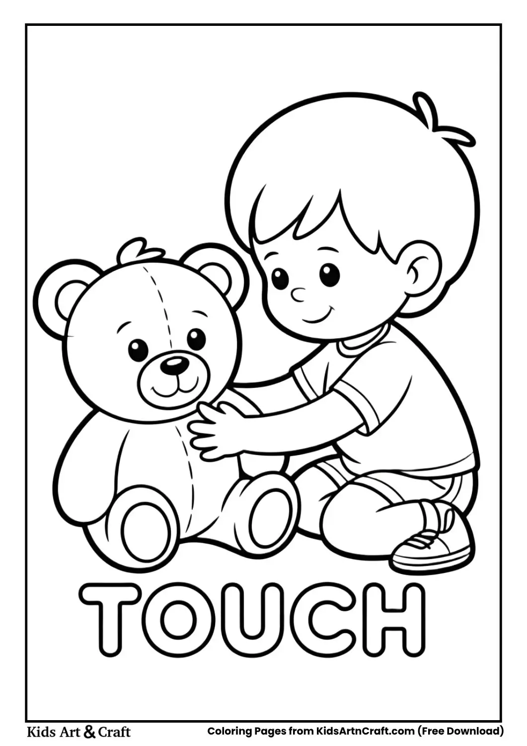 Child touching soft teddy bear labeled Touch coloring page