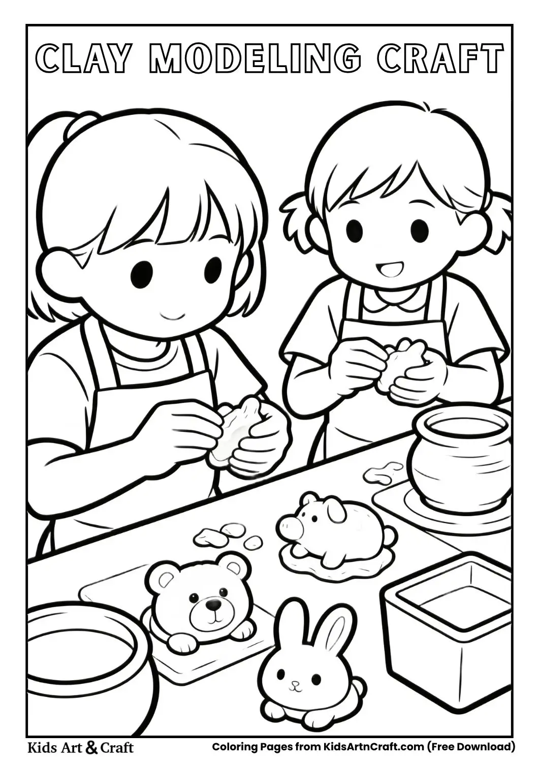 Simple line art coloring page of kids shaping clay into animals and pots