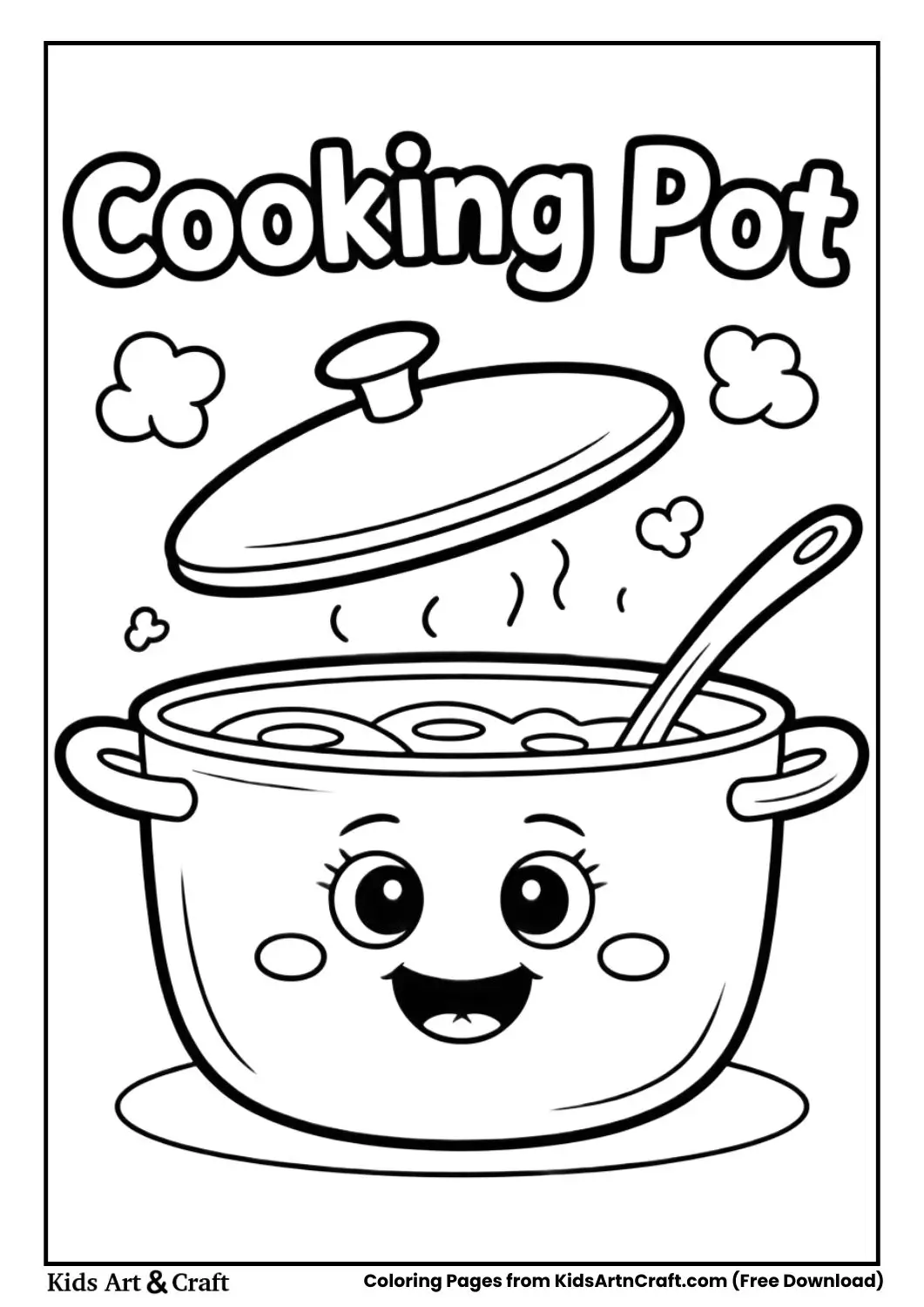 Cartoon cooking pot black and white coloring page with the words COOKING POT on top