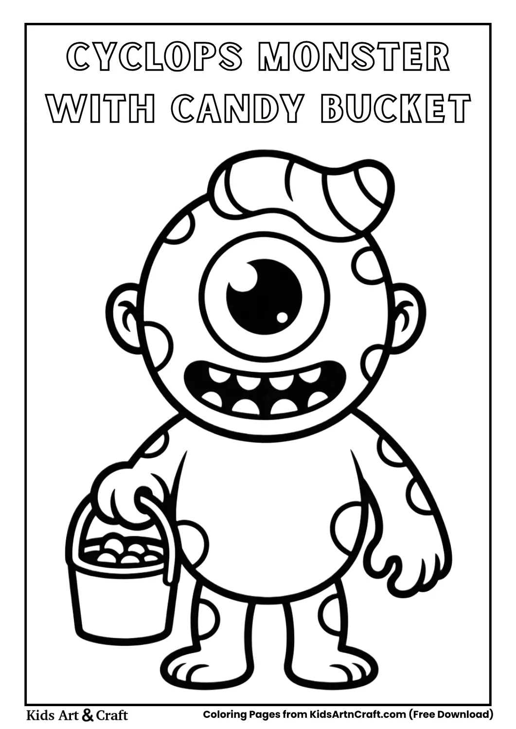 One-eyed monster holding Halloween candy bucket in black and white