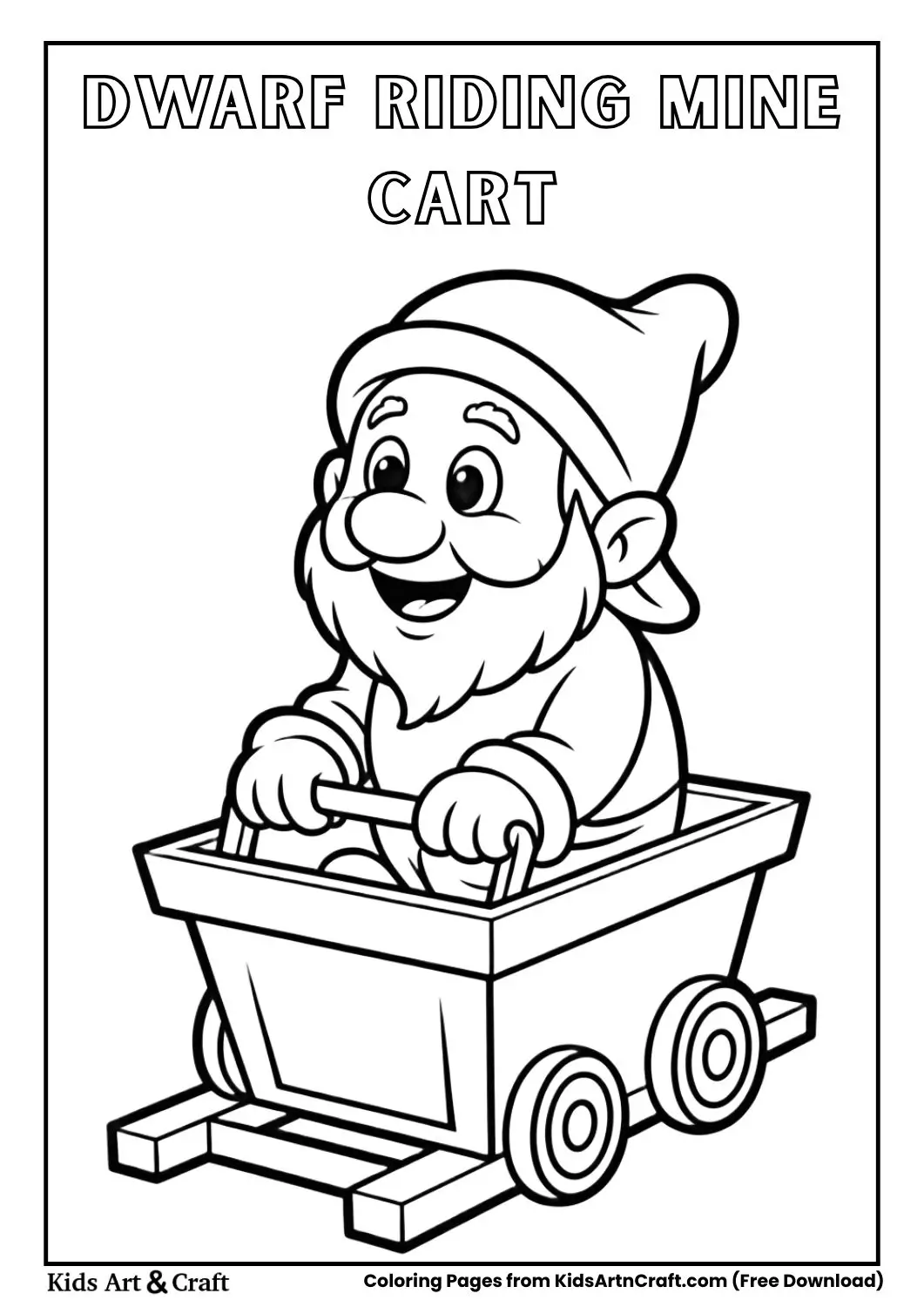 Happy dwarf riding a mine cart on rails simple black and white coloring page