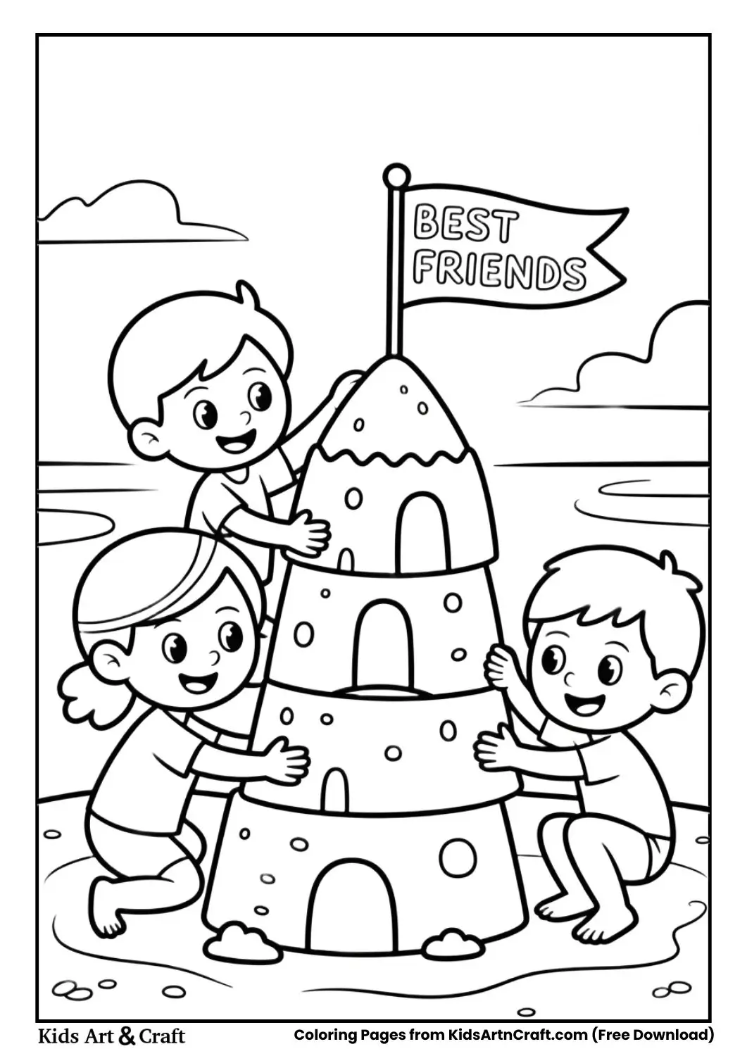 kids building sandcastle together friendship coloring page
