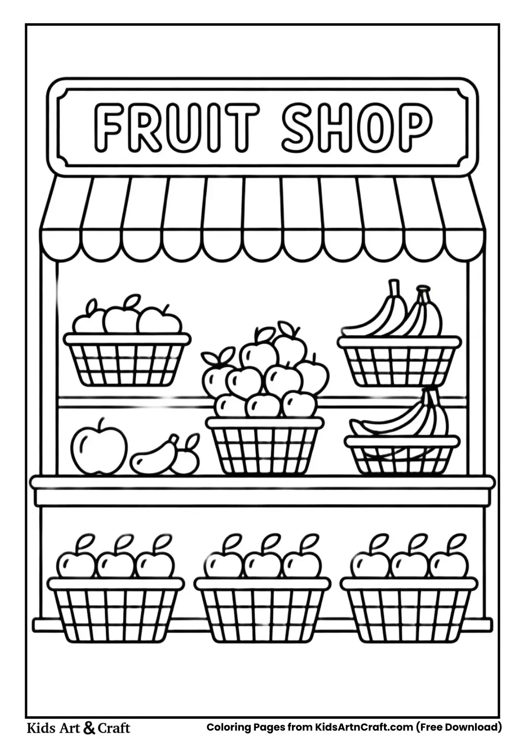 Fruit Shop coloring page with baskets of apples and bananas