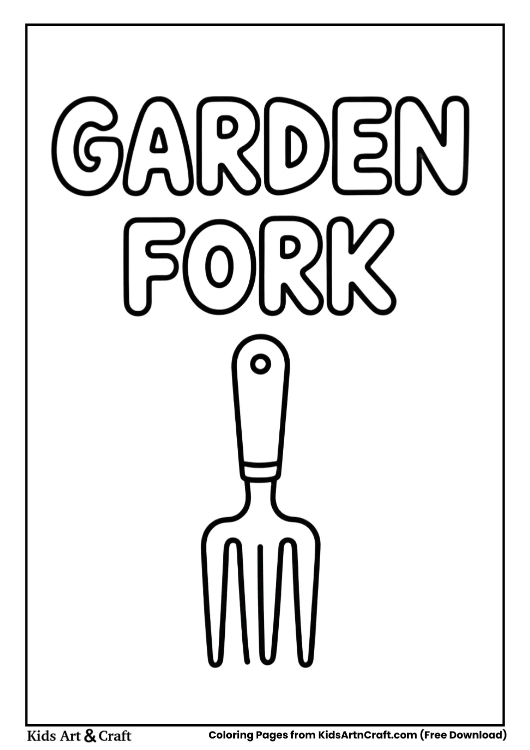 Black and white garden fork coloring page with thick bold lines and bubble text