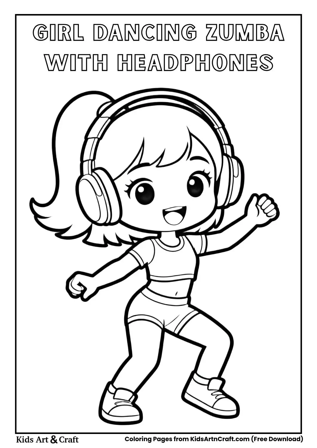 Cute girl wearing headphones dancing Zumba coloring page