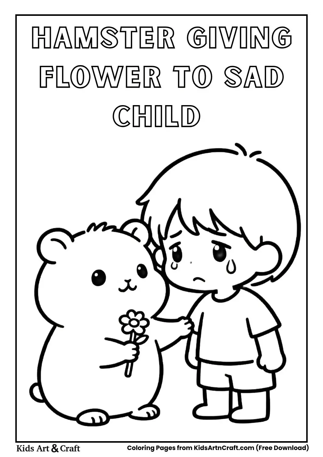 Cute hamster giving a flower to a sad child black and white coloring page for kids