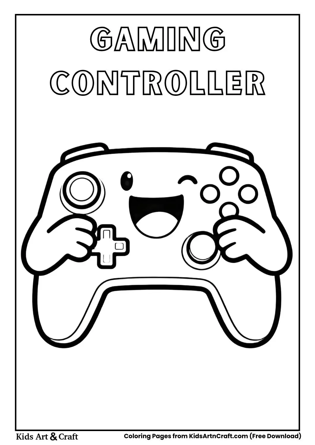Cute gaming controller smiling pressing buttons coloring page