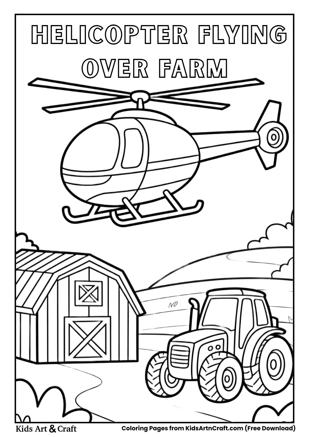 Helicopter flying above farm with barn and tractor black and white coloring page