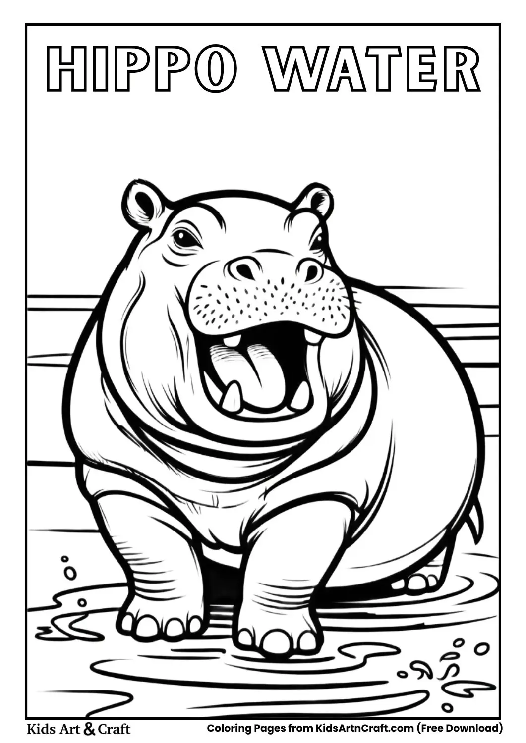Hippo sitting in water smiling simple coloring page