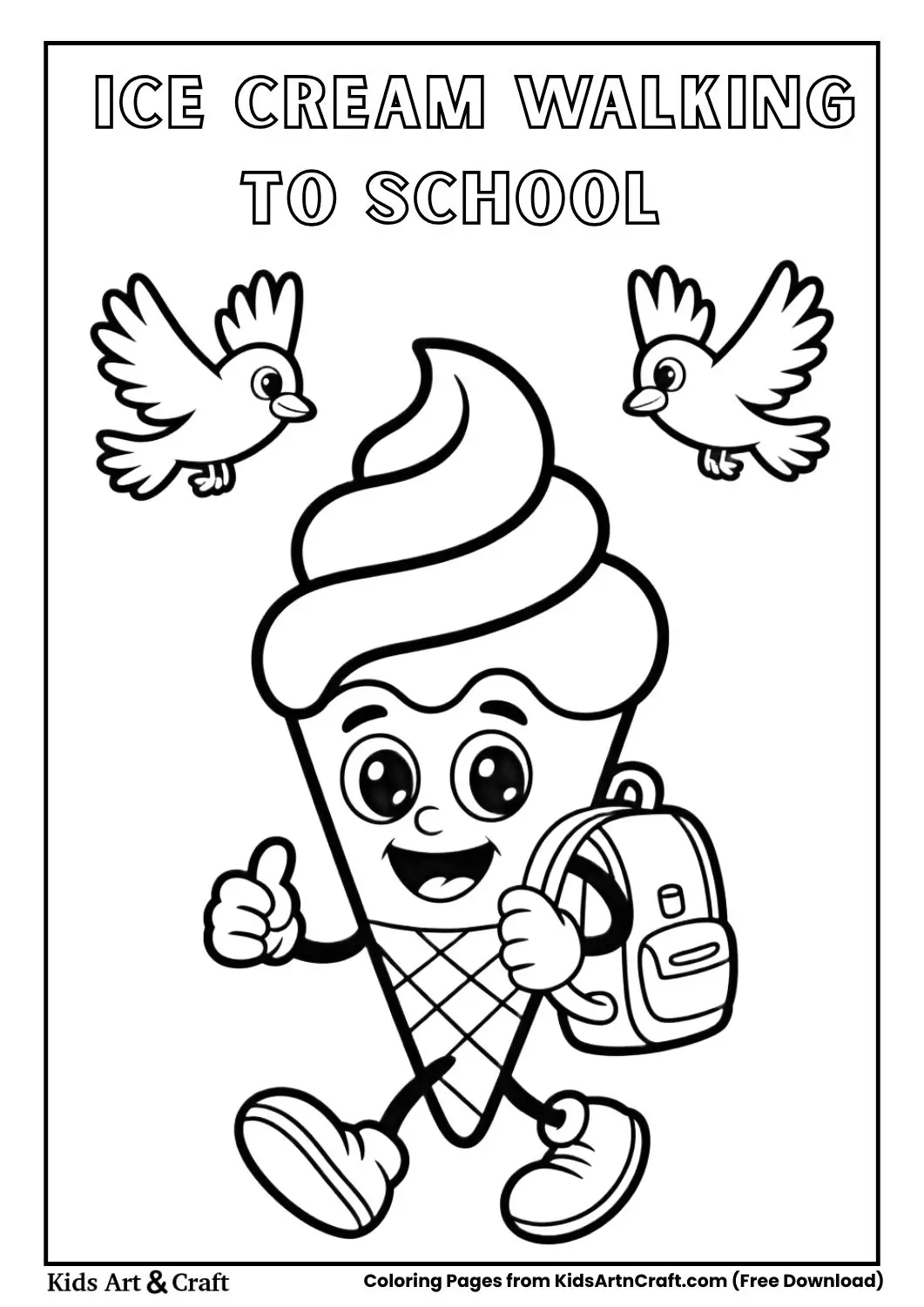 ice cream cone character walking to school with backpack coloring page