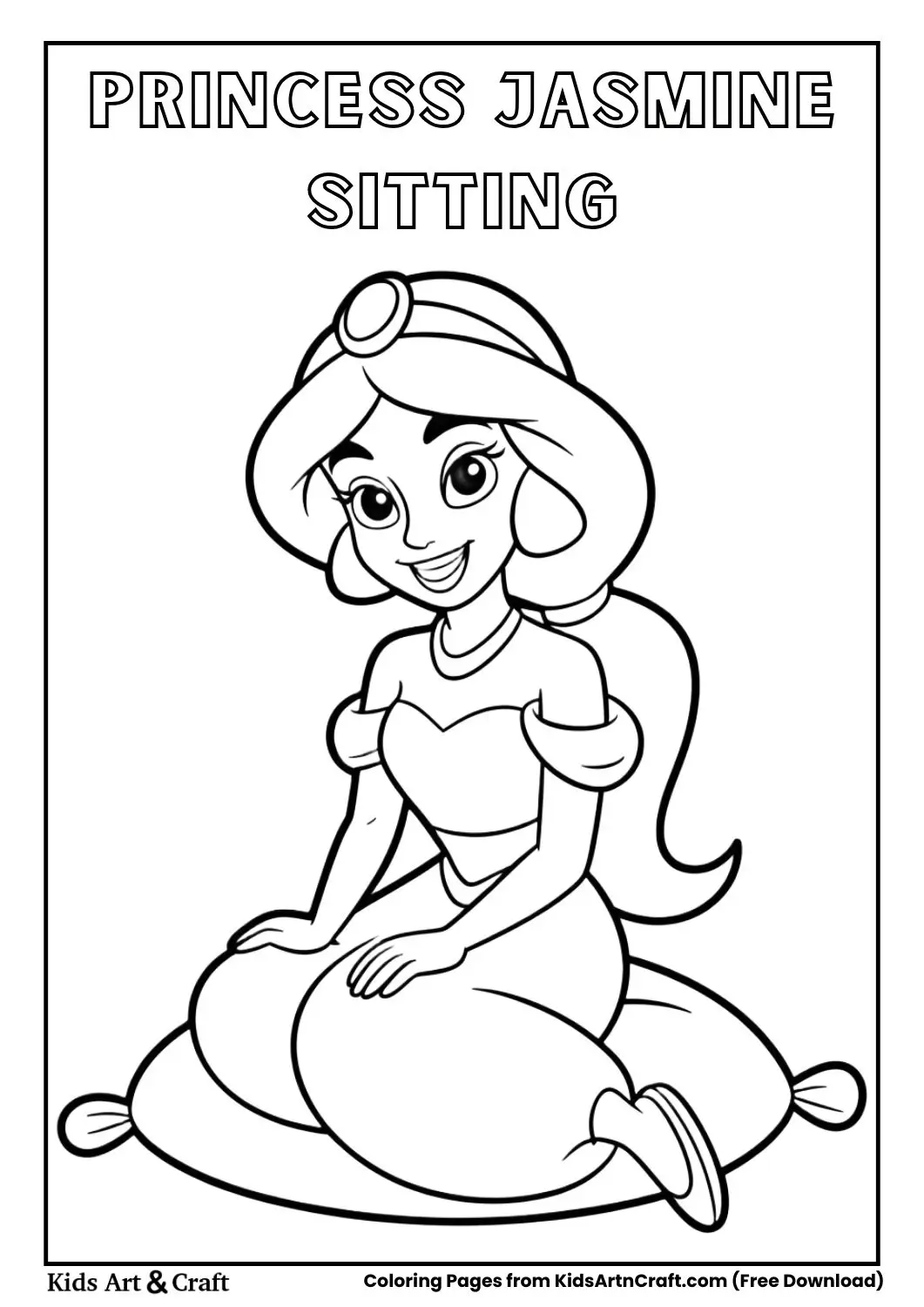 Princess Jasmine sitting on a pillow black and white coloring page
