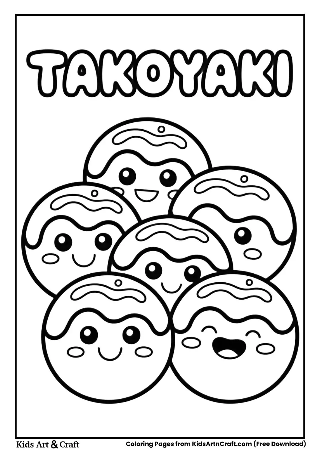 cute takoyaki balls smiling kawaii coloring page for kids