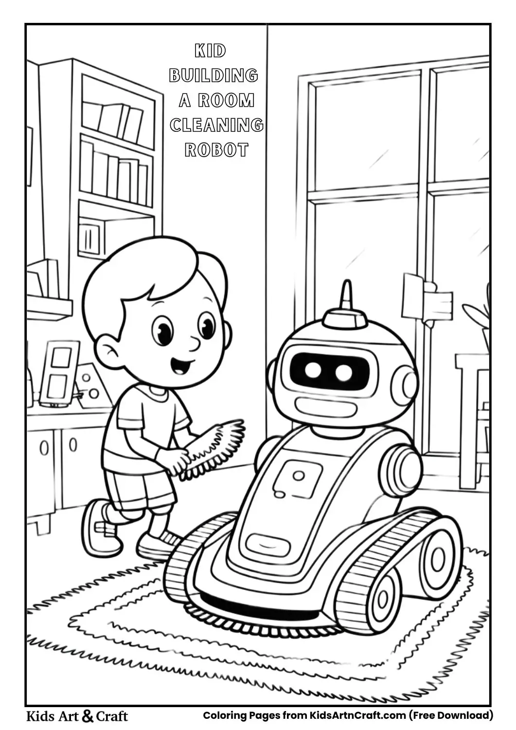 Child building a robot that cleans the room coloring page for kids