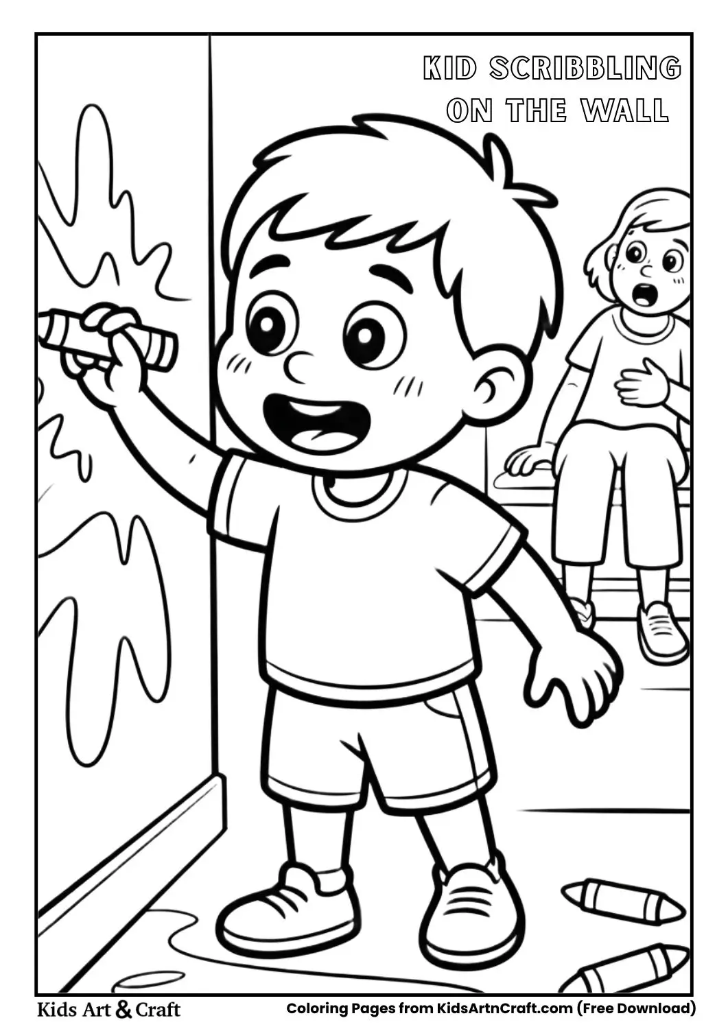 Child drawing on wall with crayons coloring page