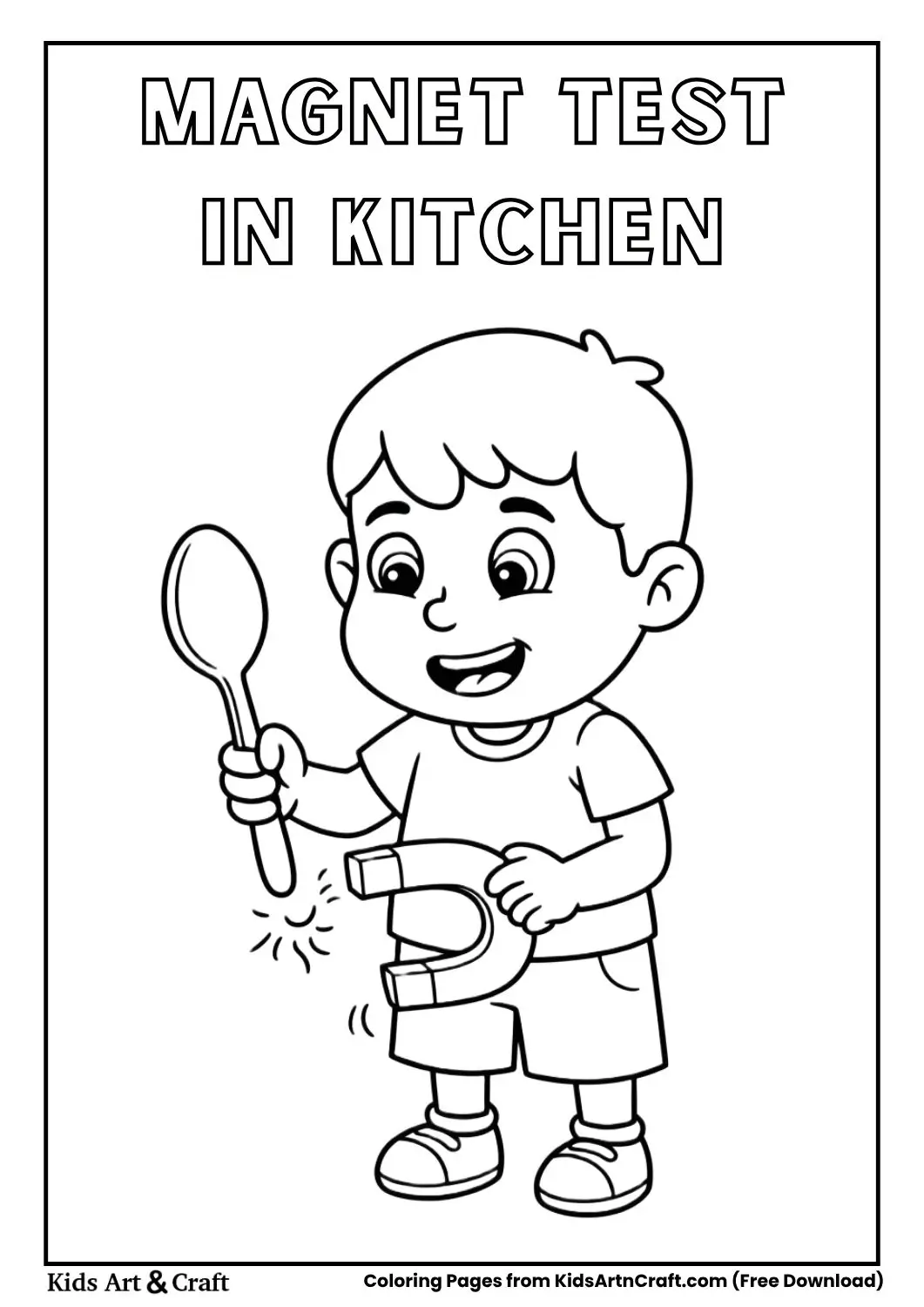 Kid testing spoon and fork with magnet