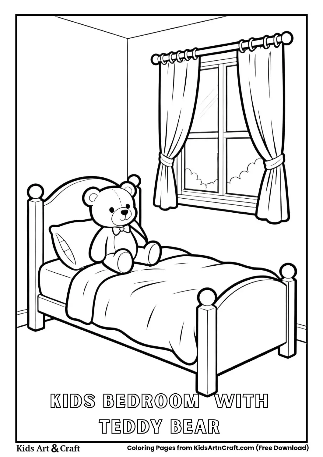 kids bedroom black and white coloring page with bed teddy bear and window