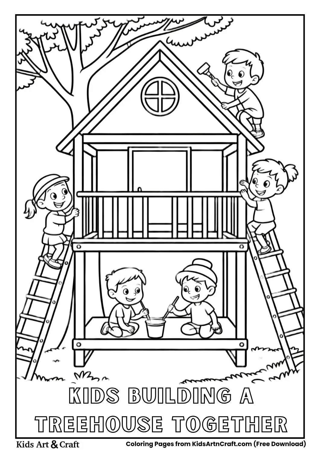 children building a treehouse together teamwork coloring page for kids