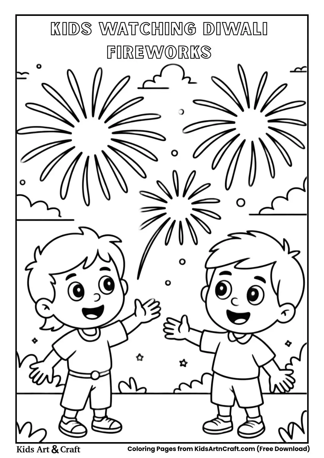children watching fireworks Diwali coloring page