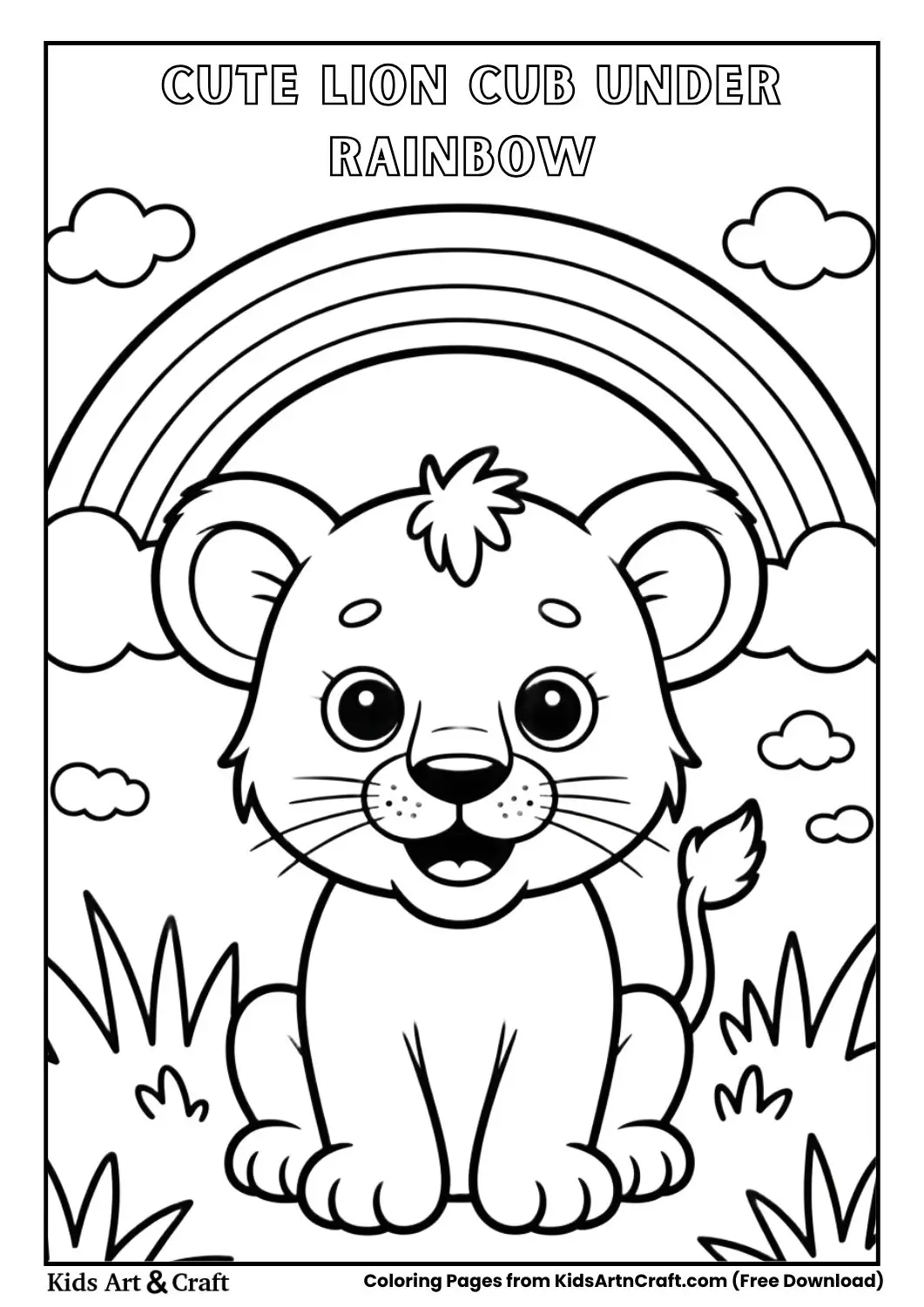black and white coloring page of a lion cub sitting under a rainbow