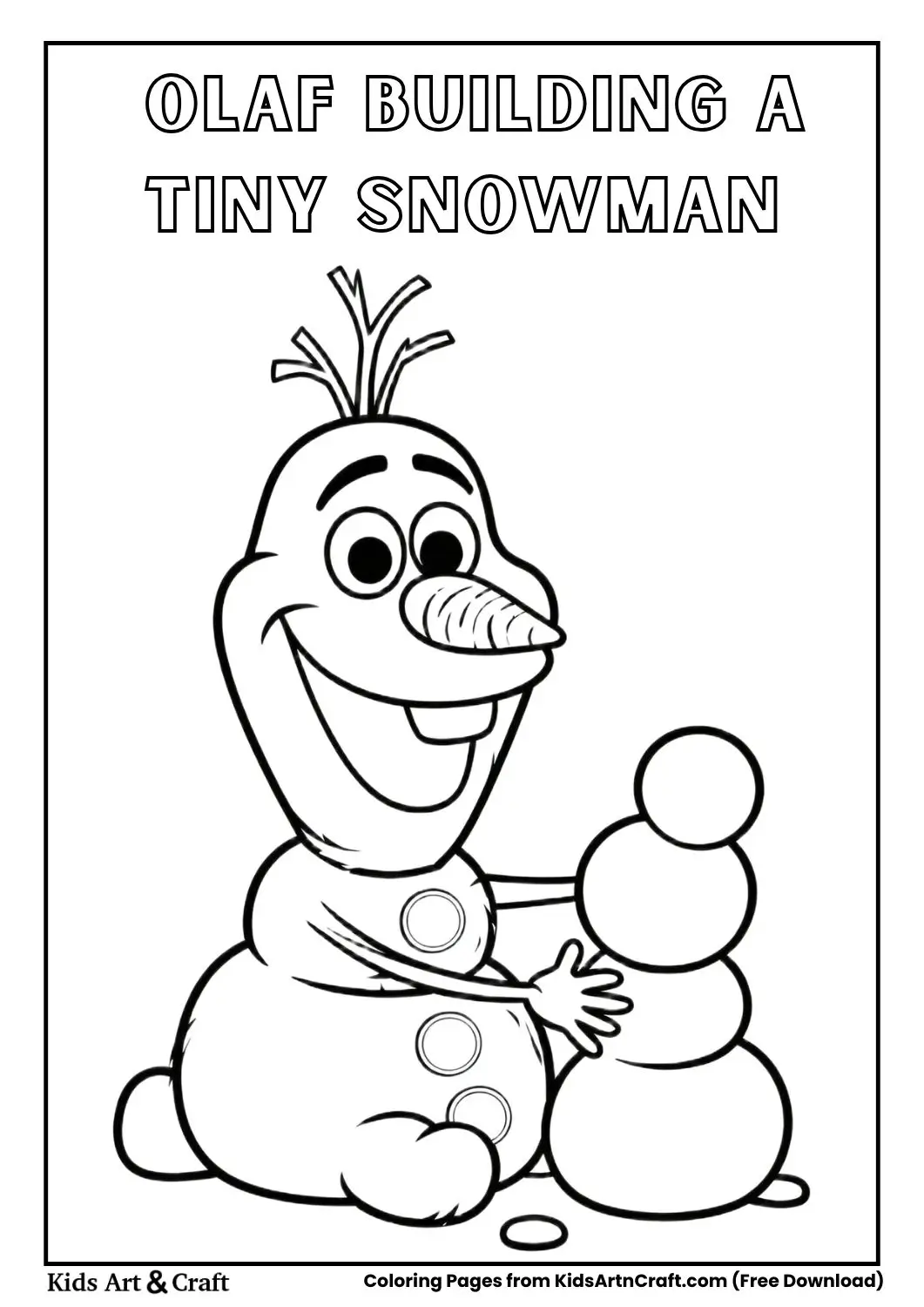 Olaf building a small snowman simple cartoon coloring page for kids