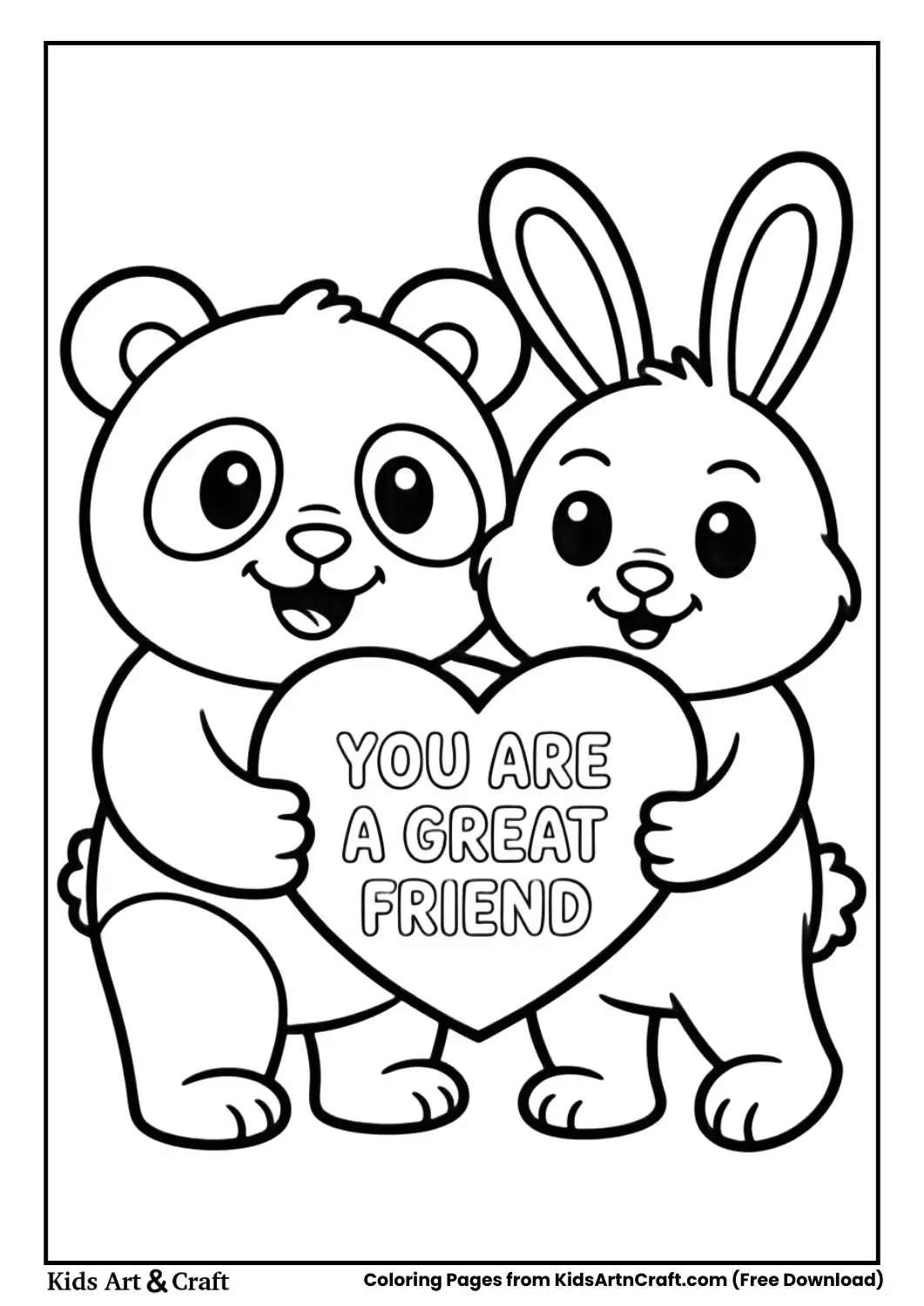 Panda and bunny holding heart friendship coloring card