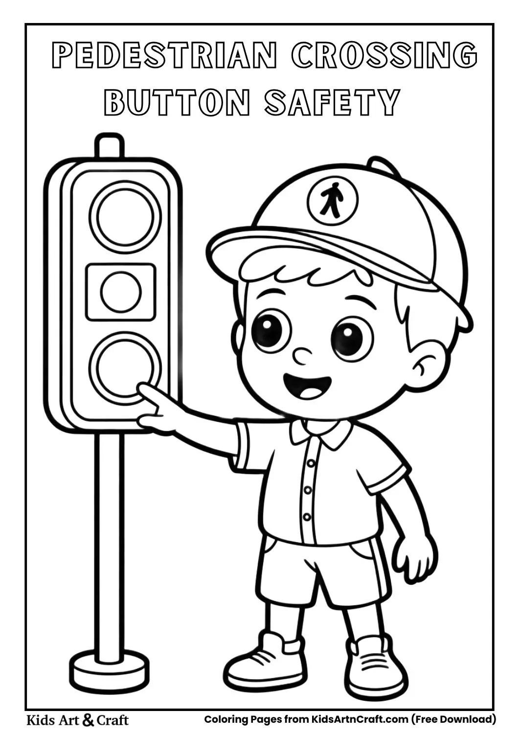 child pressing pedestrian crossing button coloring page