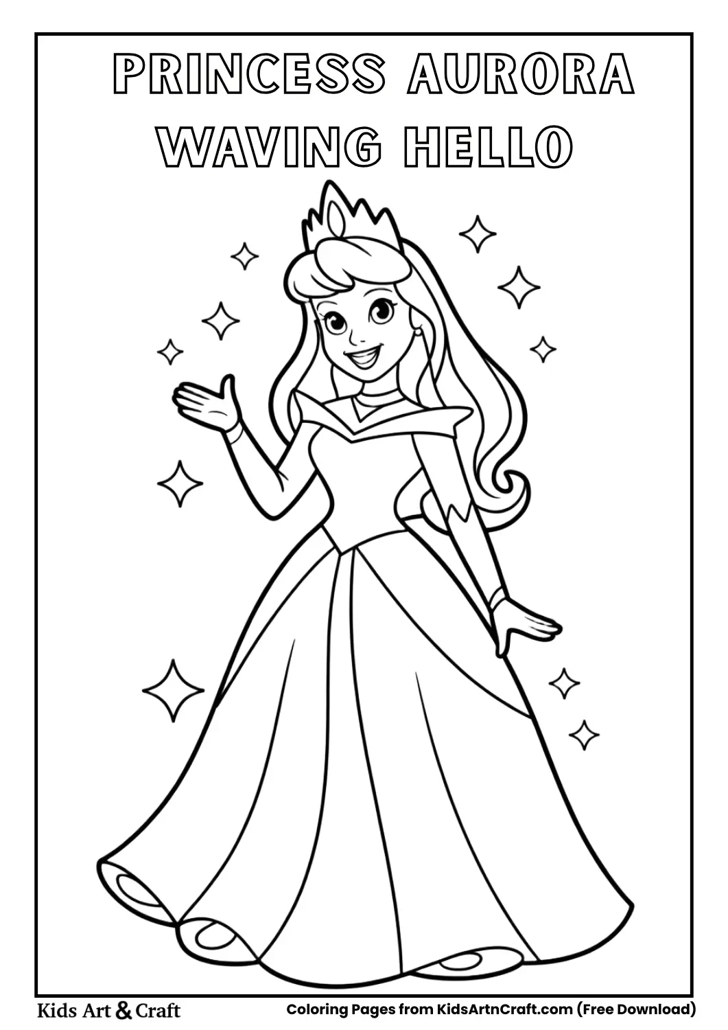 Princess Aurora waving happily coloring page for kids