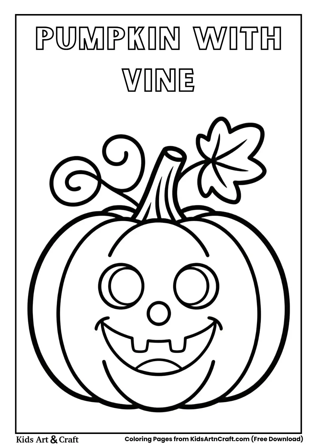 Pumpkin with curly vine and leaves coloring page for kids