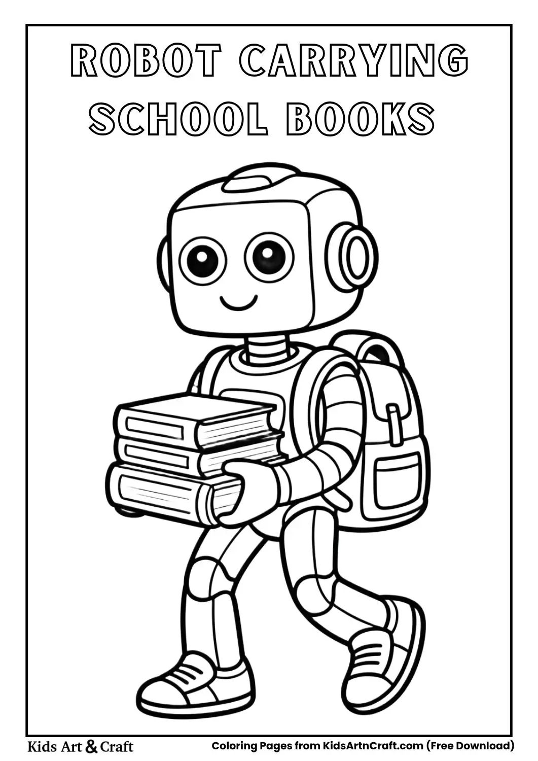 robot carrying school books and backpack simple kids coloring page
