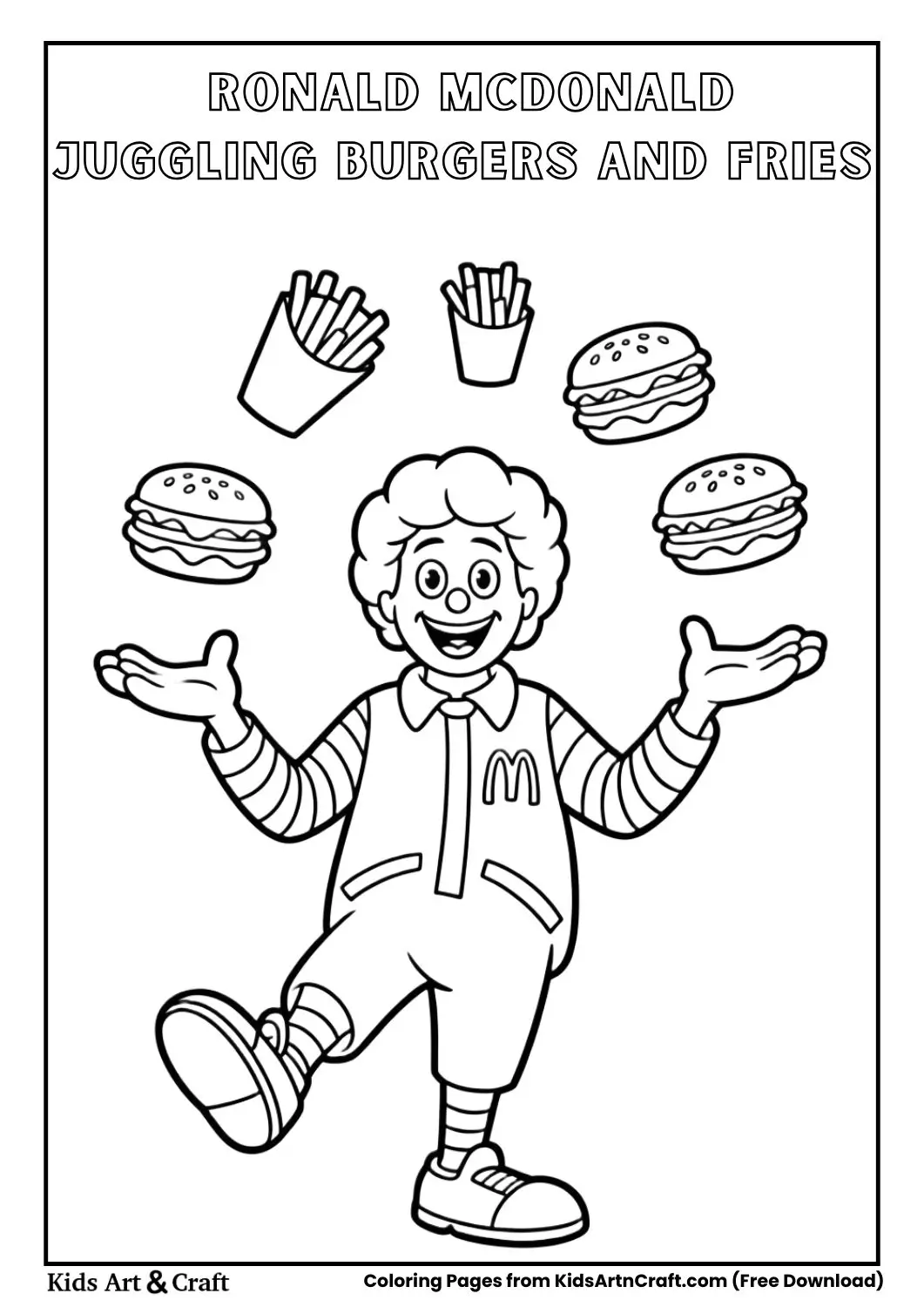 Ronald McDonald juggling burgers and fries cartoon coloring page
