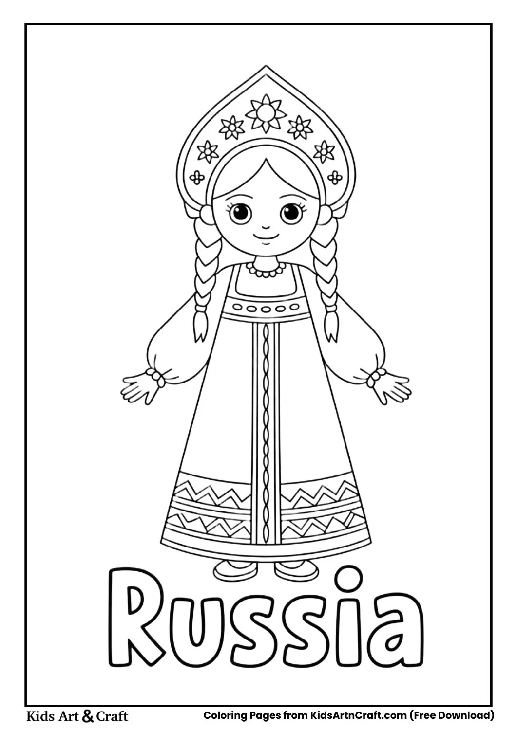 Girl wearing Russian sarafan traditional costume coloring page with country name Russia