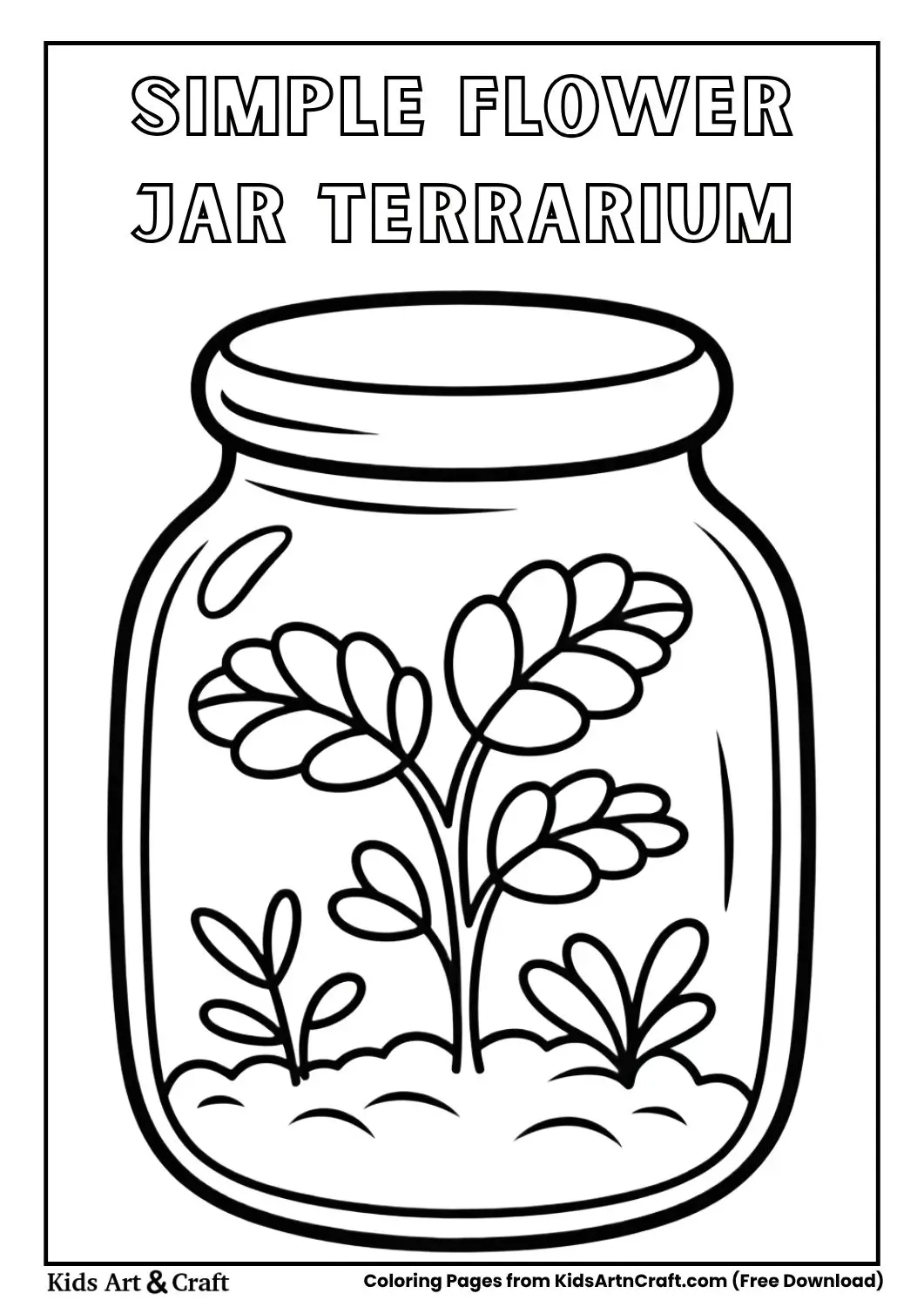 simple flower plant inside a jar terrarium black and white coloring page for kids